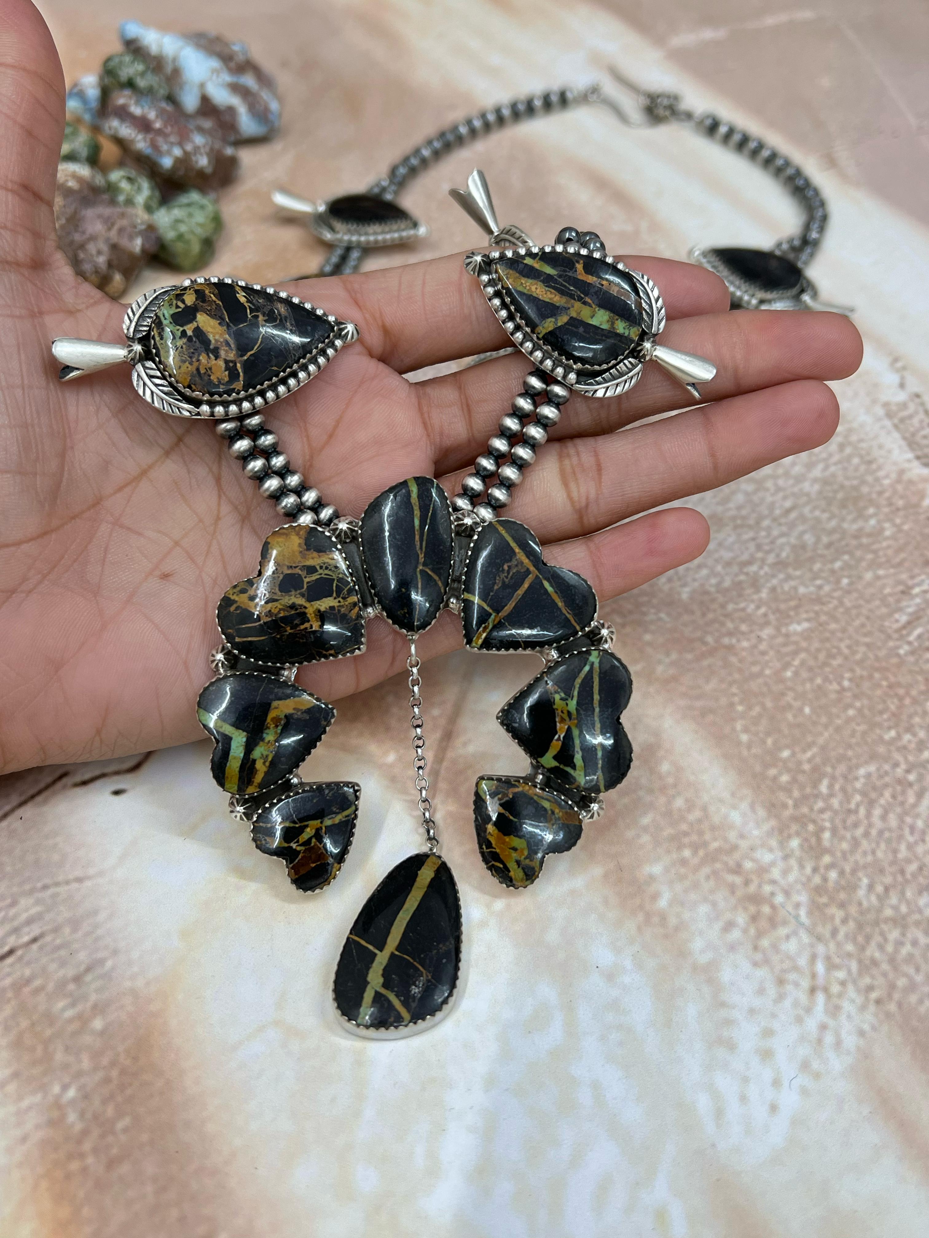 Handmade Sterling Silver Blackjack Turquoise Squash Blossom Necklace Signed Nizhoni