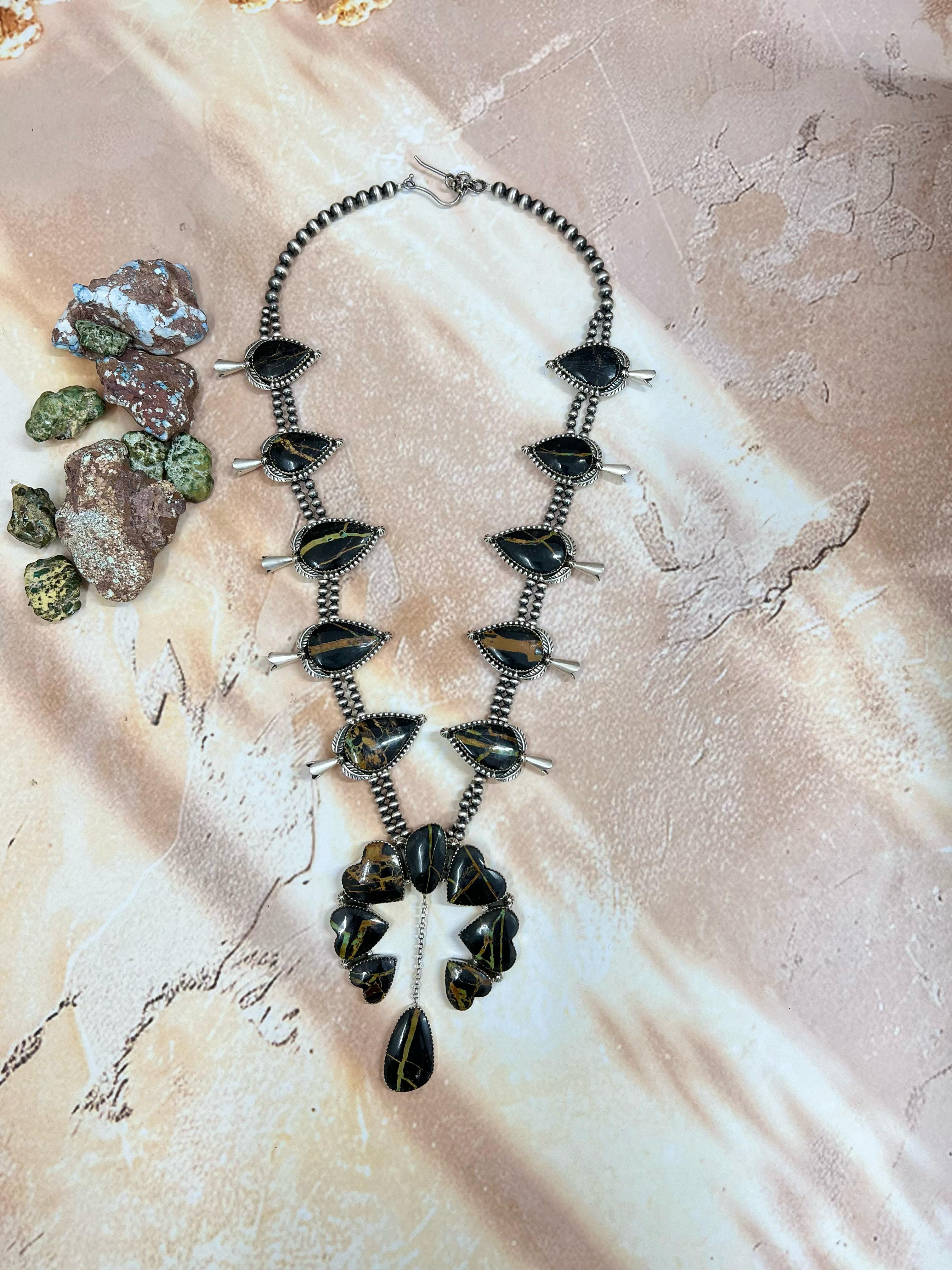 Handmade Sterling Silver Blackjack Turquoise Squash Blossom Necklace Signed Nizhoni