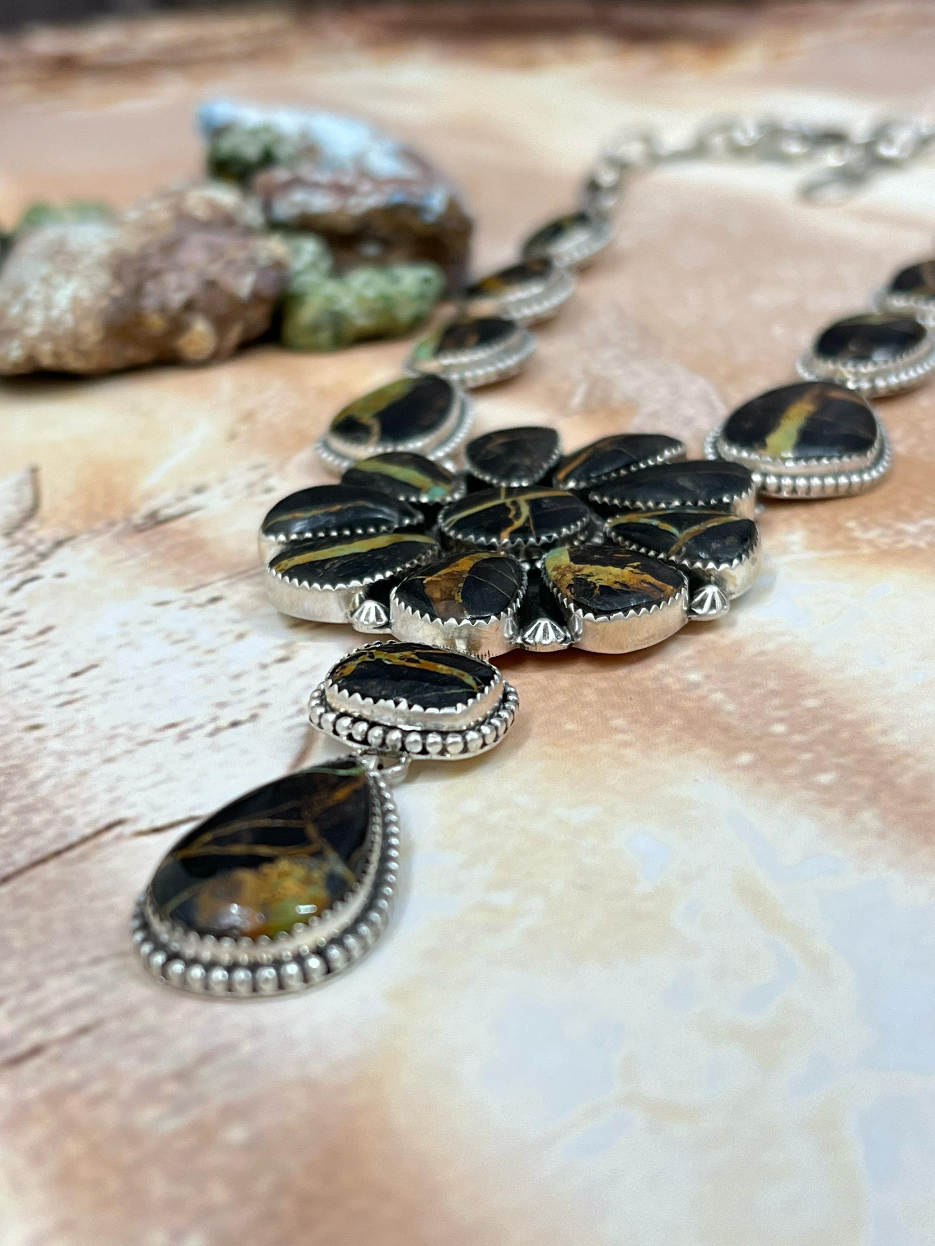 Handmade Sterling Silver Blackjack Turquoise Necklace Signed Nizhoni