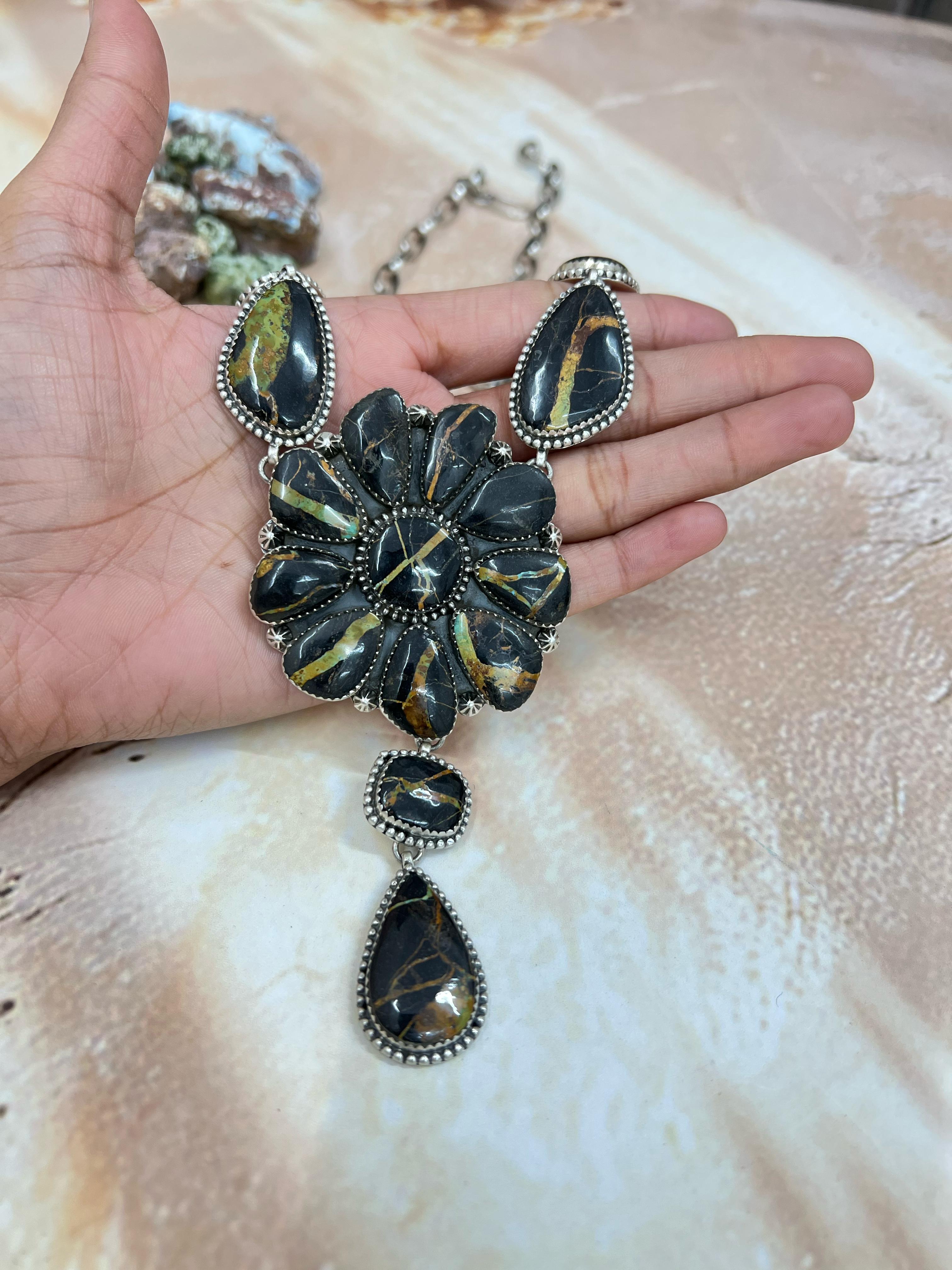 Handmade Sterling Silver Blackjack Turquoise Necklace Signed Nizhoni