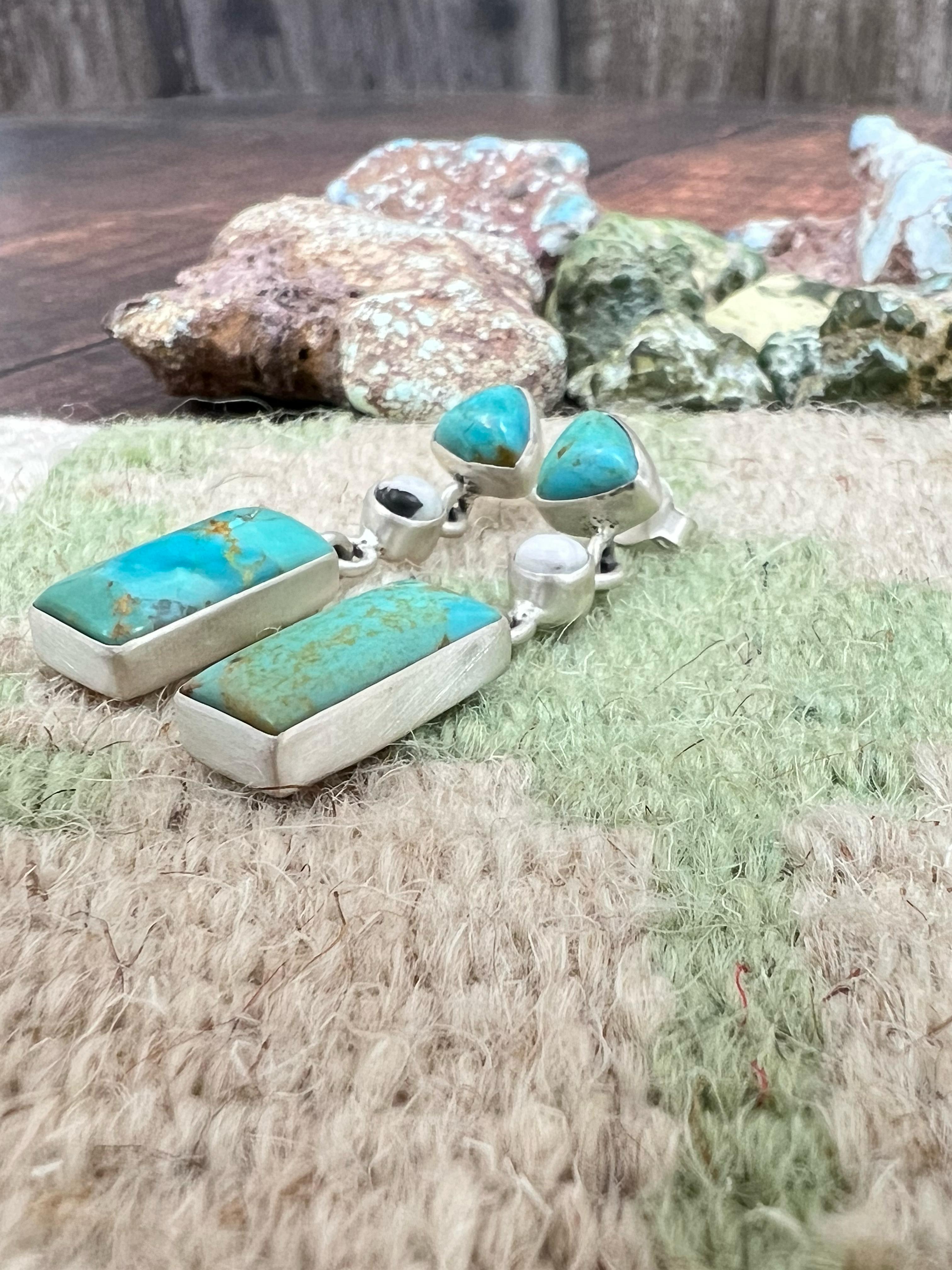 Handmade Sterling Silver Kingman with White Buffalo Turquoise Dangle Earrings with Signed Nizhoni (f2)