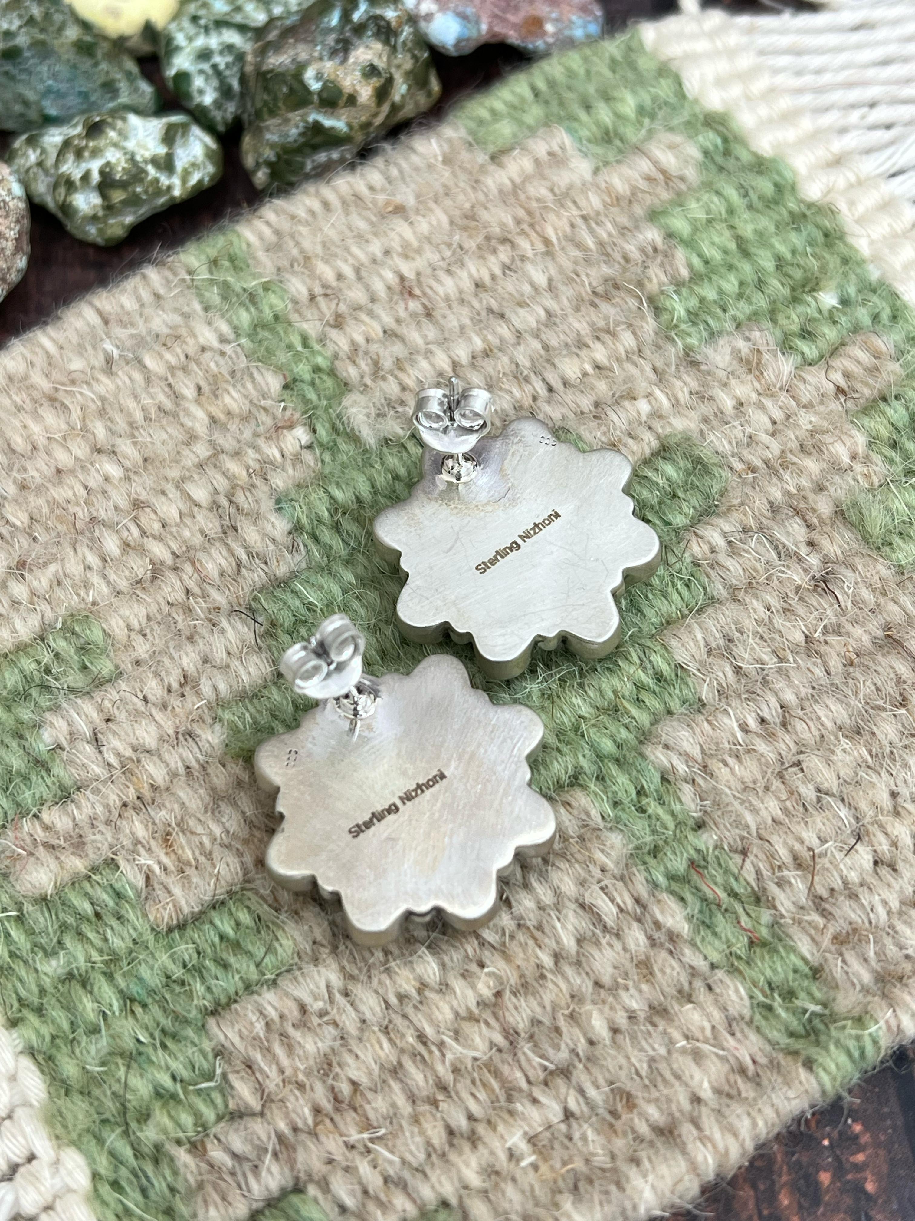 Handmade Sterling Silver White Buffalo Post Earrings with Signed Nizhoni (f6)