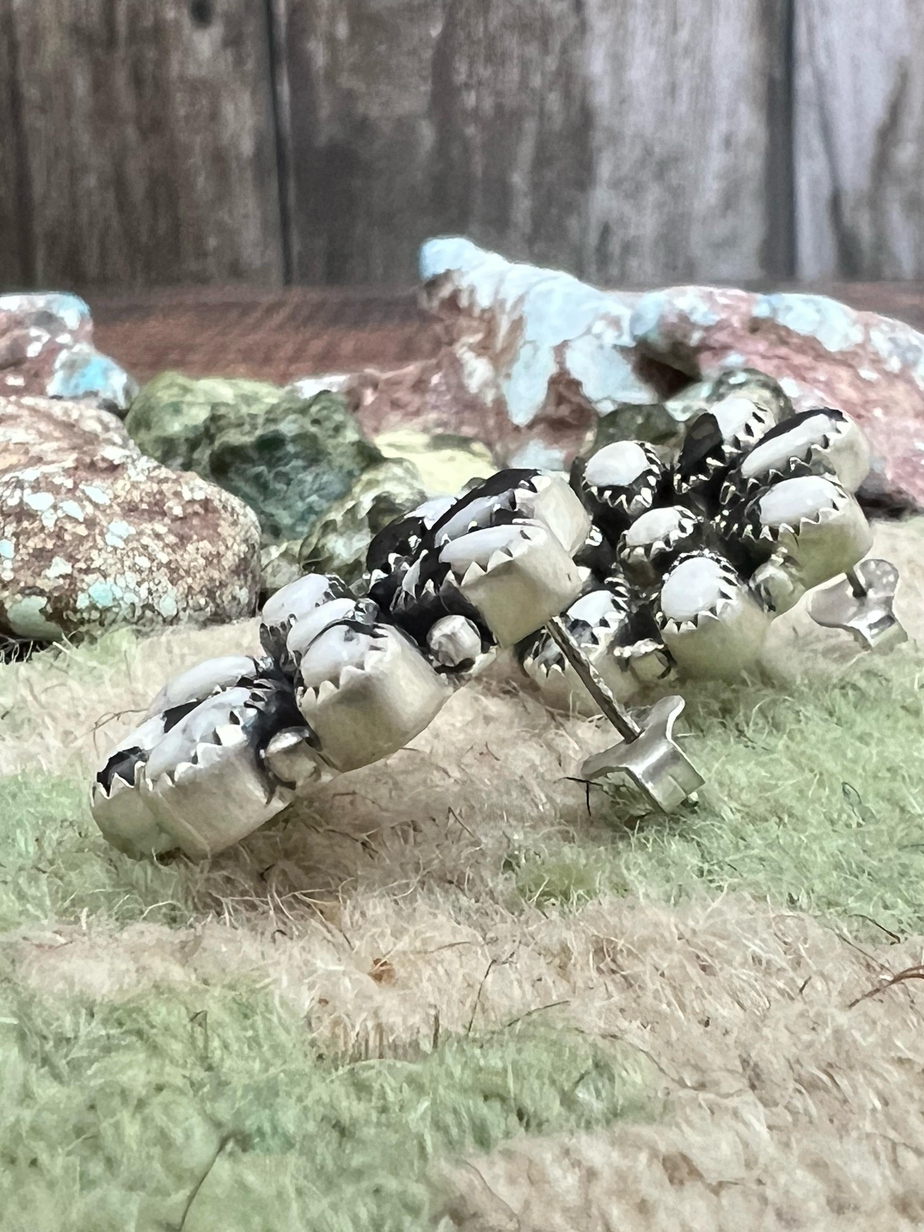 Handmade Sterling Silver White Buffalo Post Earrings with Signed Nizhoni (f6)