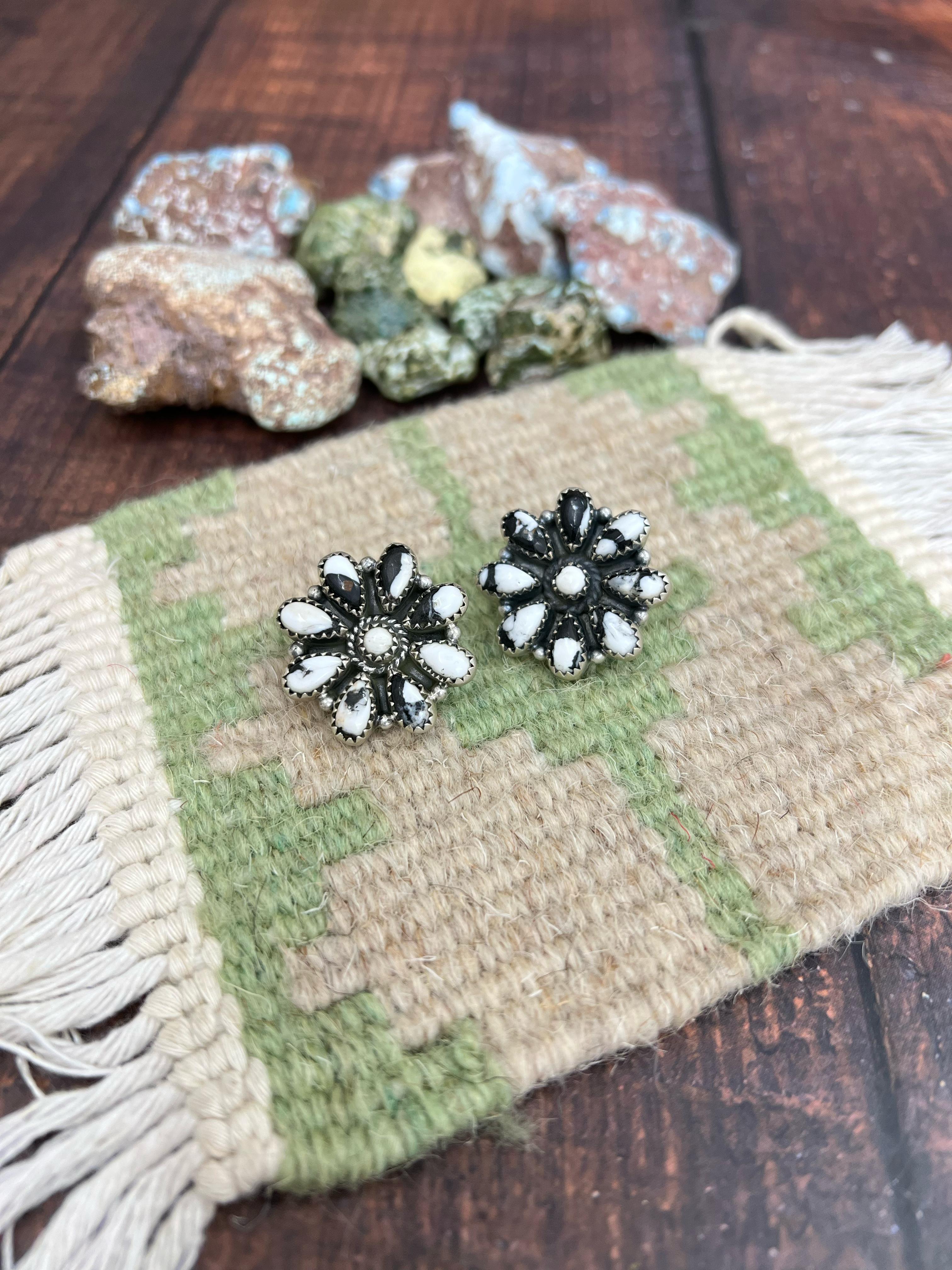 Handmade Sterling Silver White Buffalo Post Earrings with Signed Nizhoni (f6)