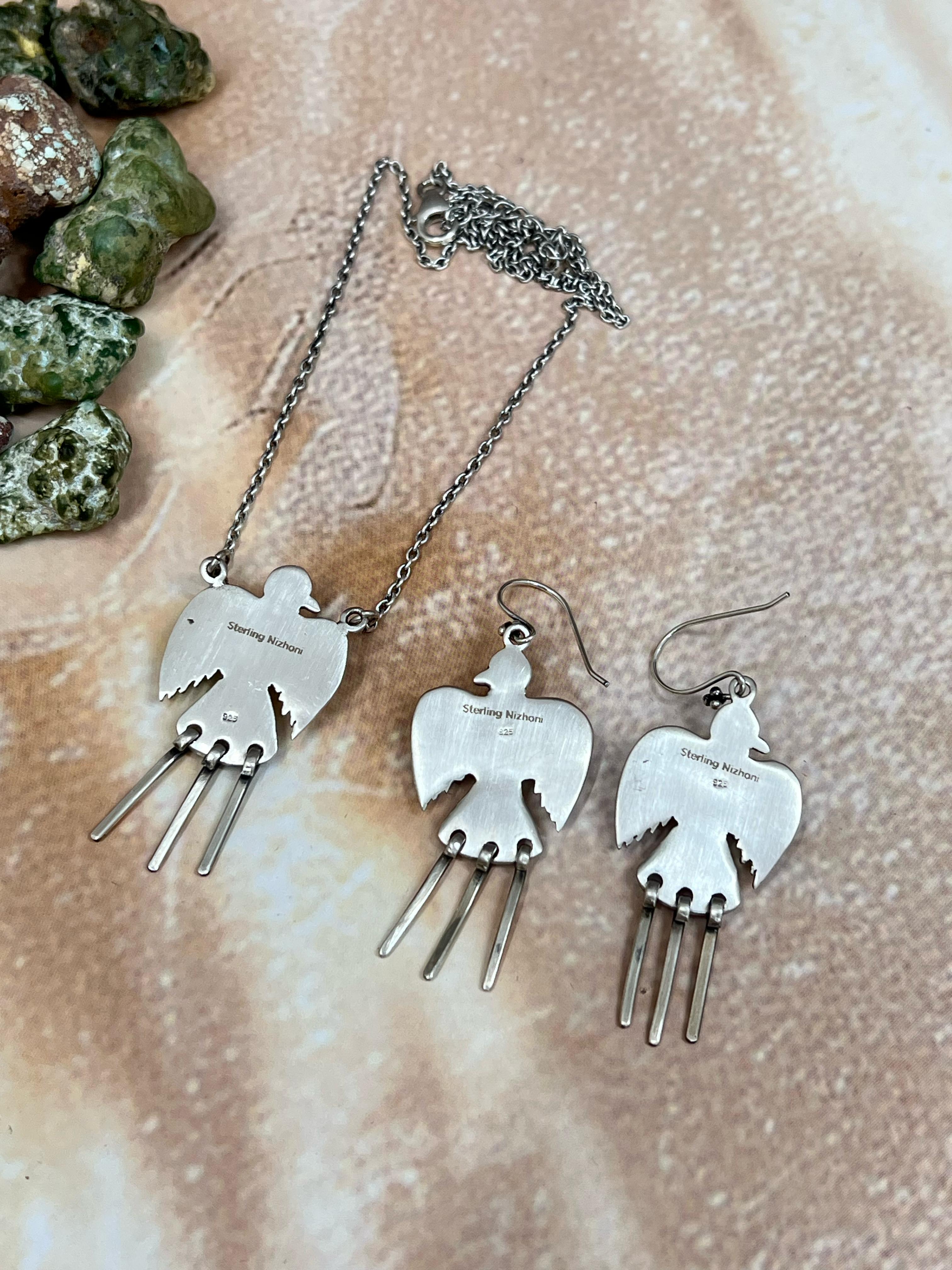 Handmade Sterling Silver Kingman Turquoise Phoenix Bird Necklace Earrings Set with Signed Nizhoni