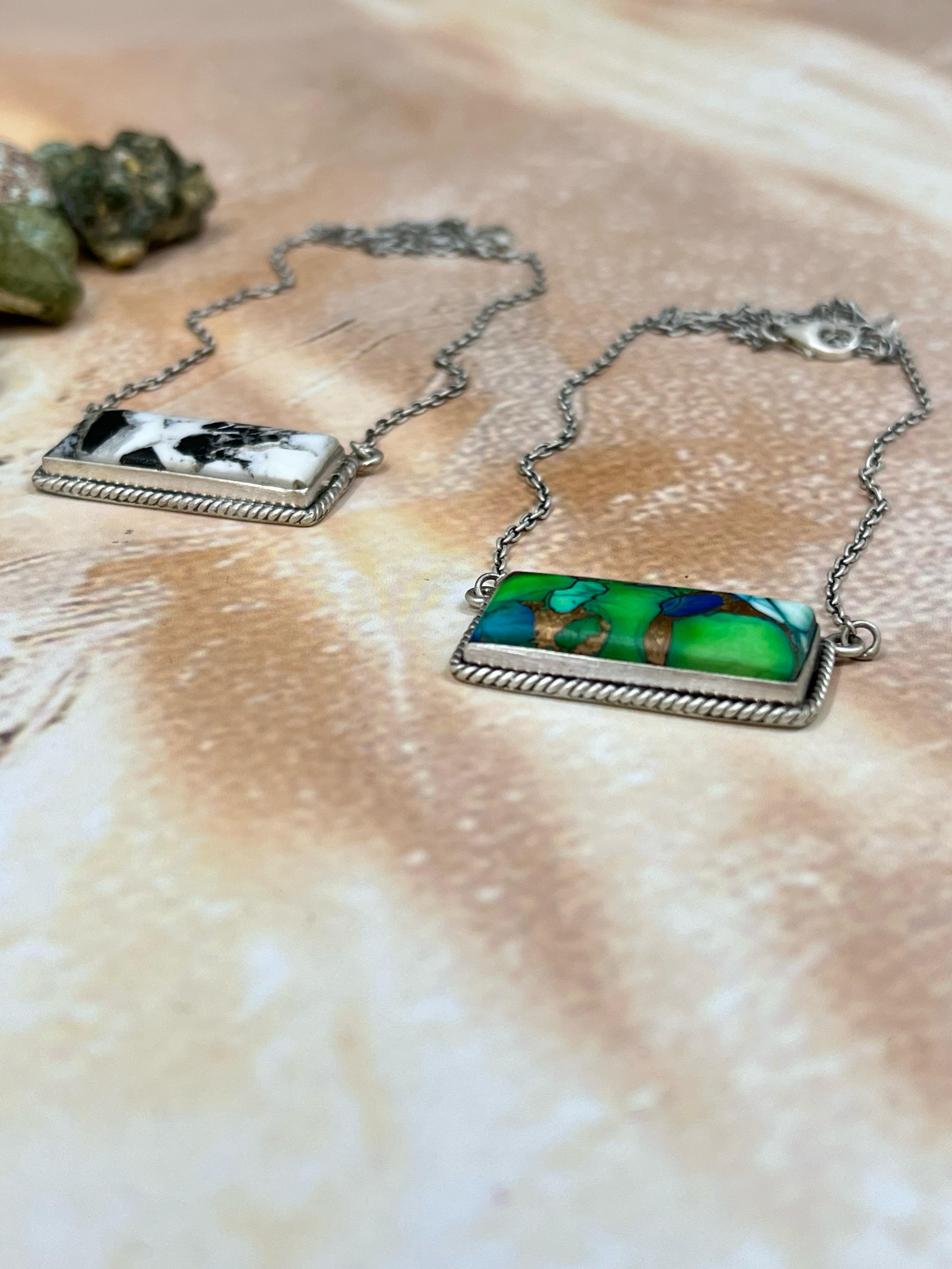 Handmade Sterling Silver White Buffalo, Peacock Dahlia Necklace with Signed Nizhoni