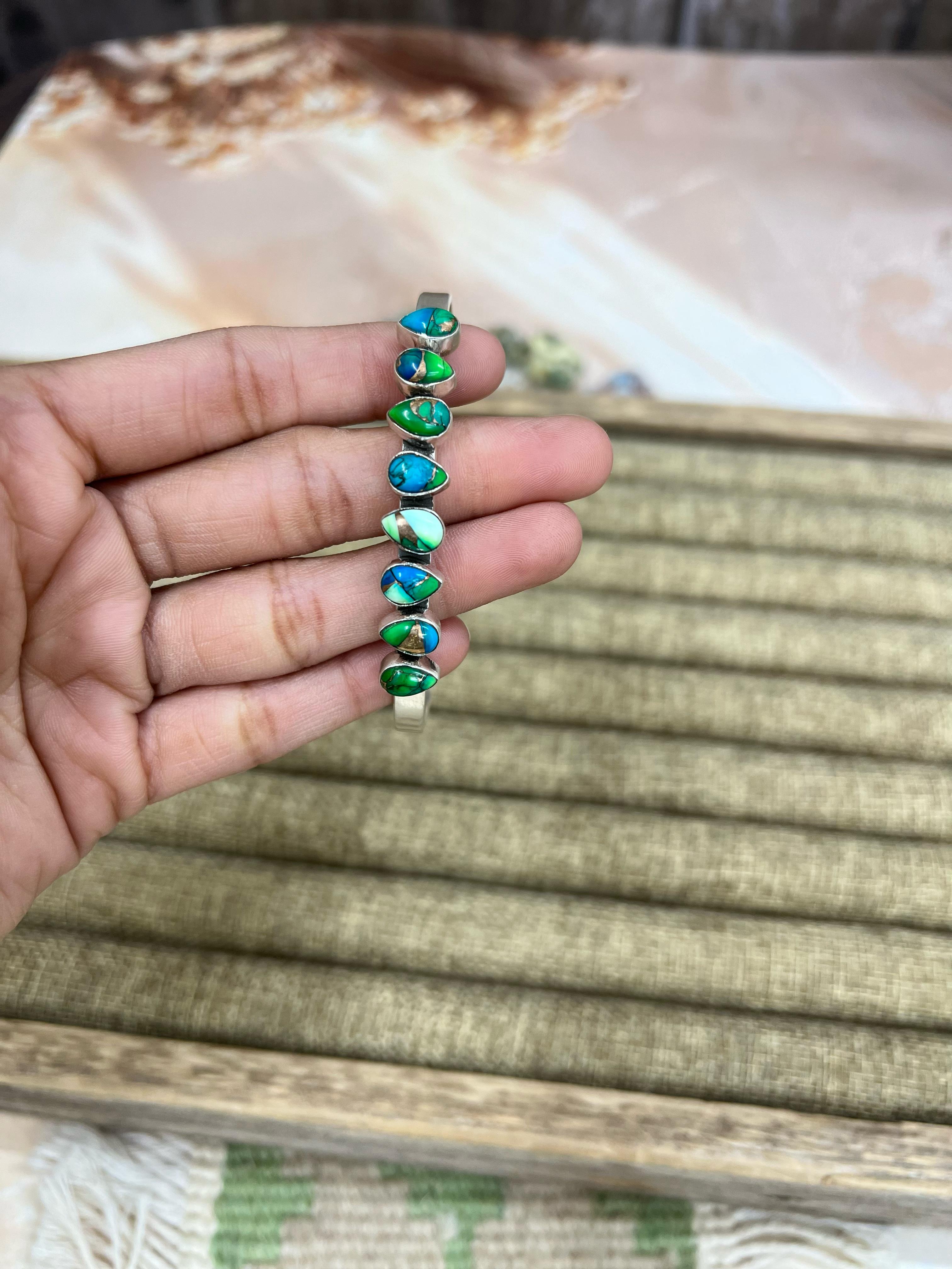 Handmade Sterling Silver Multi Stone Cuff Bracelet with Signed Nizhoni