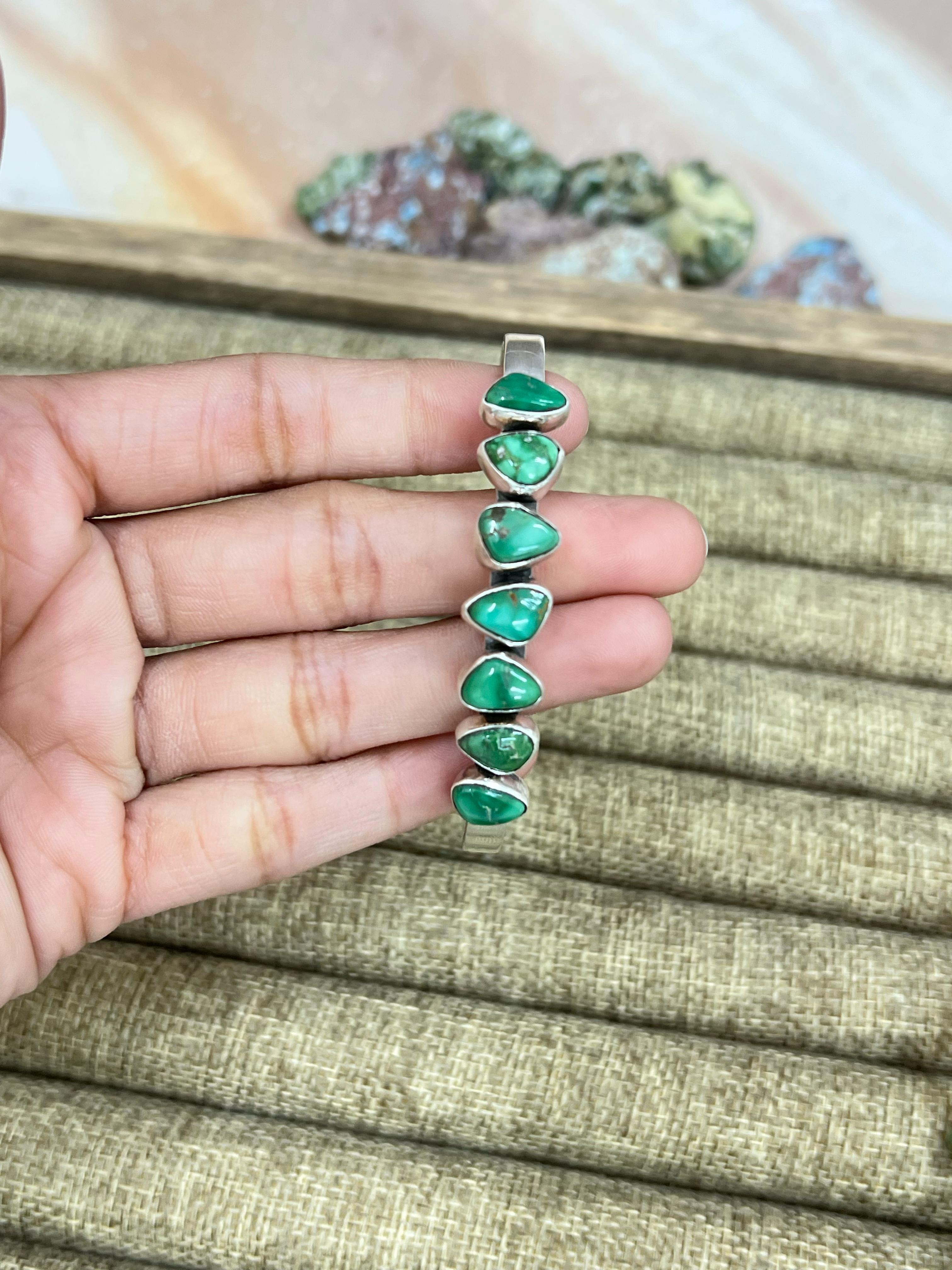 Handmade Sterling Silver Emarald Valley Turquoise Cuff Bracelet with Signed Nizhoni