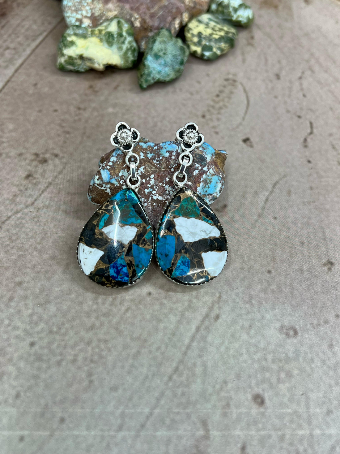 Handmade Sterling Silver Chrysocolla White Buffalo Turquoise Dangles Earrings with Signed Nizhoni