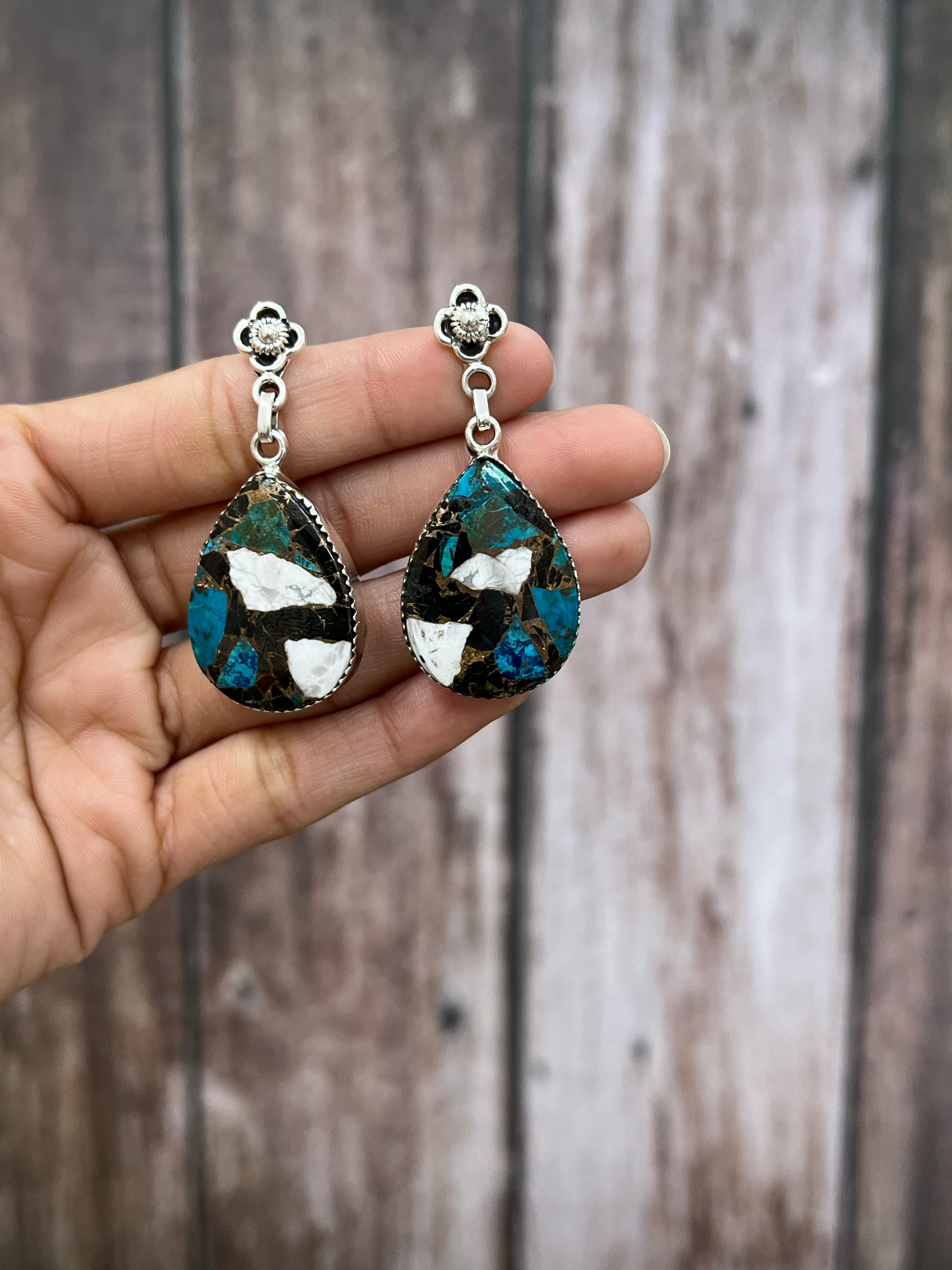 Handmade Sterling Silver Chrysocolla White Buffalo Turquoise Dangles Earrings with Signed Nizhoni