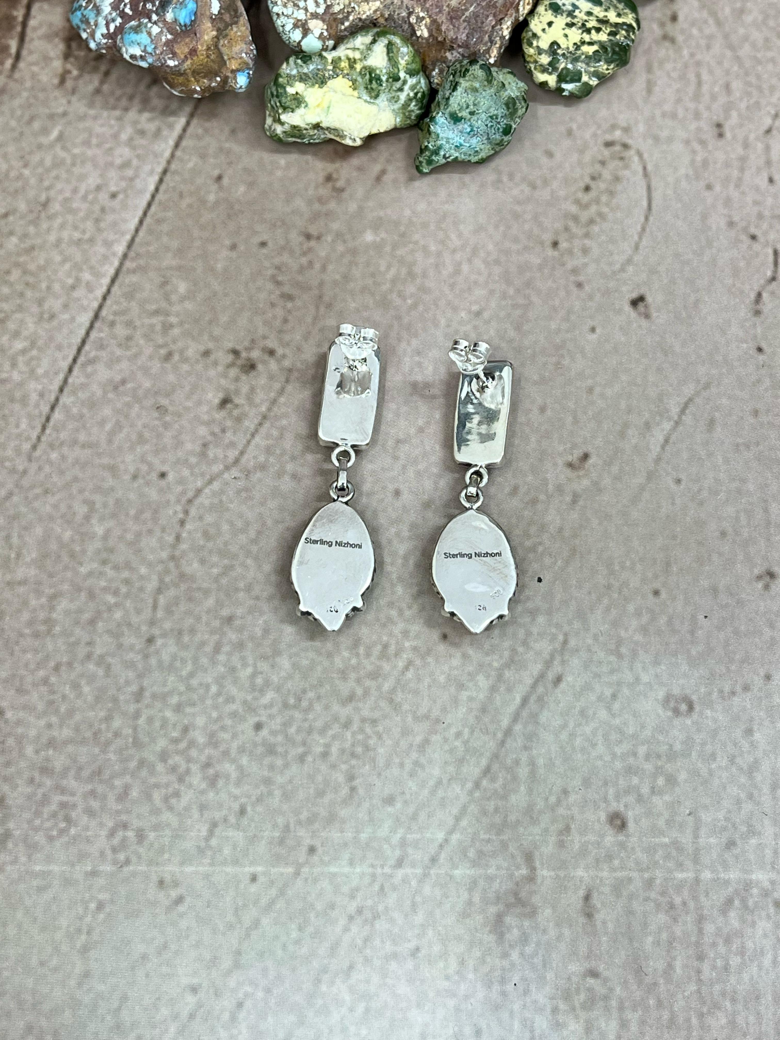 Handmade Sterling Silver Chrysocolla White Buffalo Turquoise Dangles Earrings with Signed Nizhoni