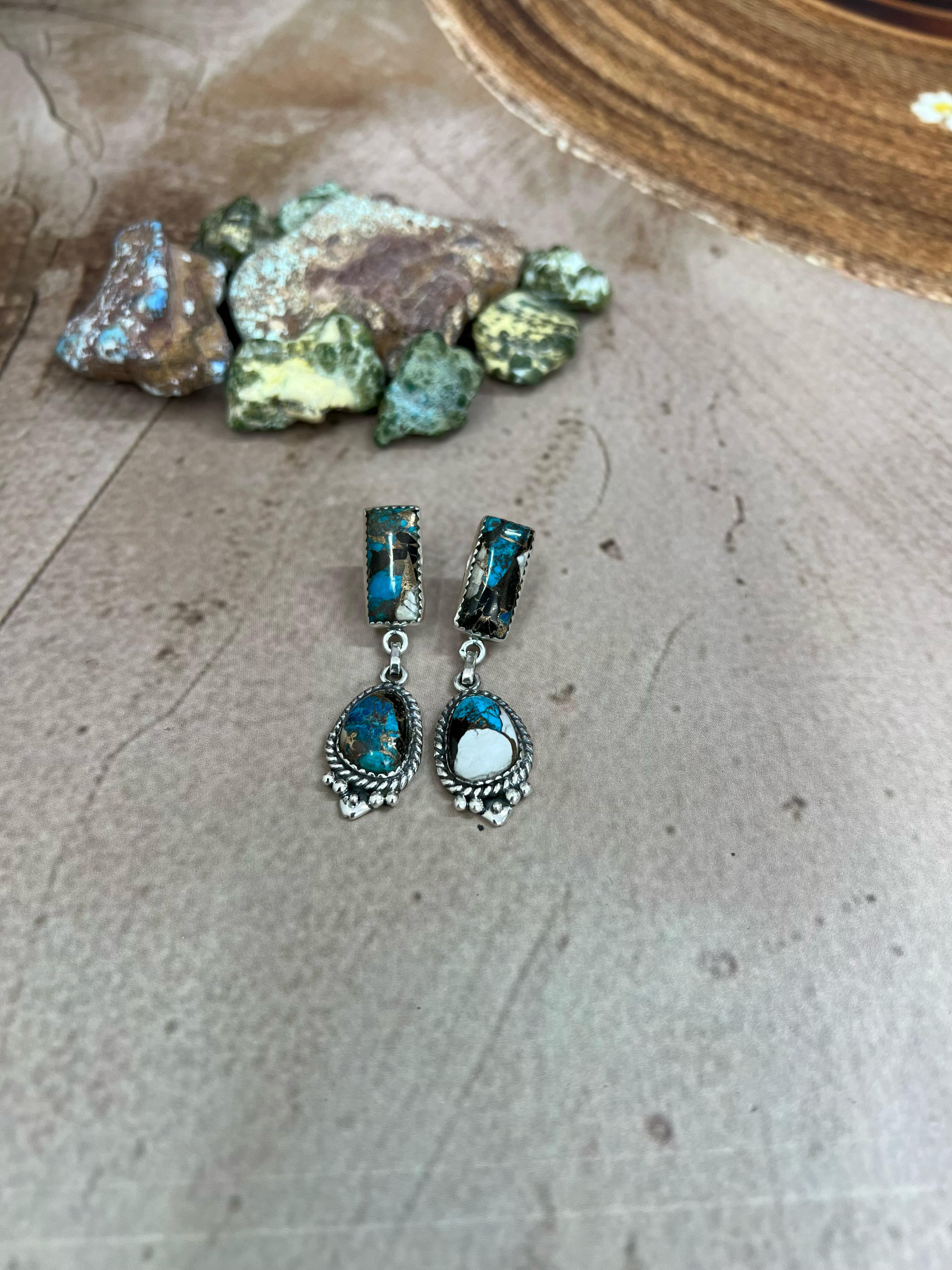Handmade Sterling Silver Chrysocolla White Buffalo Turquoise Dangles Earrings with Signed Nizhoni