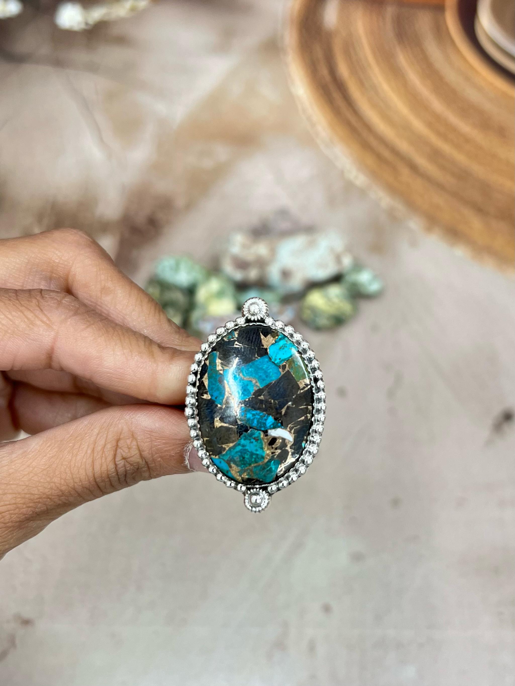 Handmade Sterling Silver Chrysocolla White Buffalo Turquoise Adjustable Ring With Signed Nizhoni