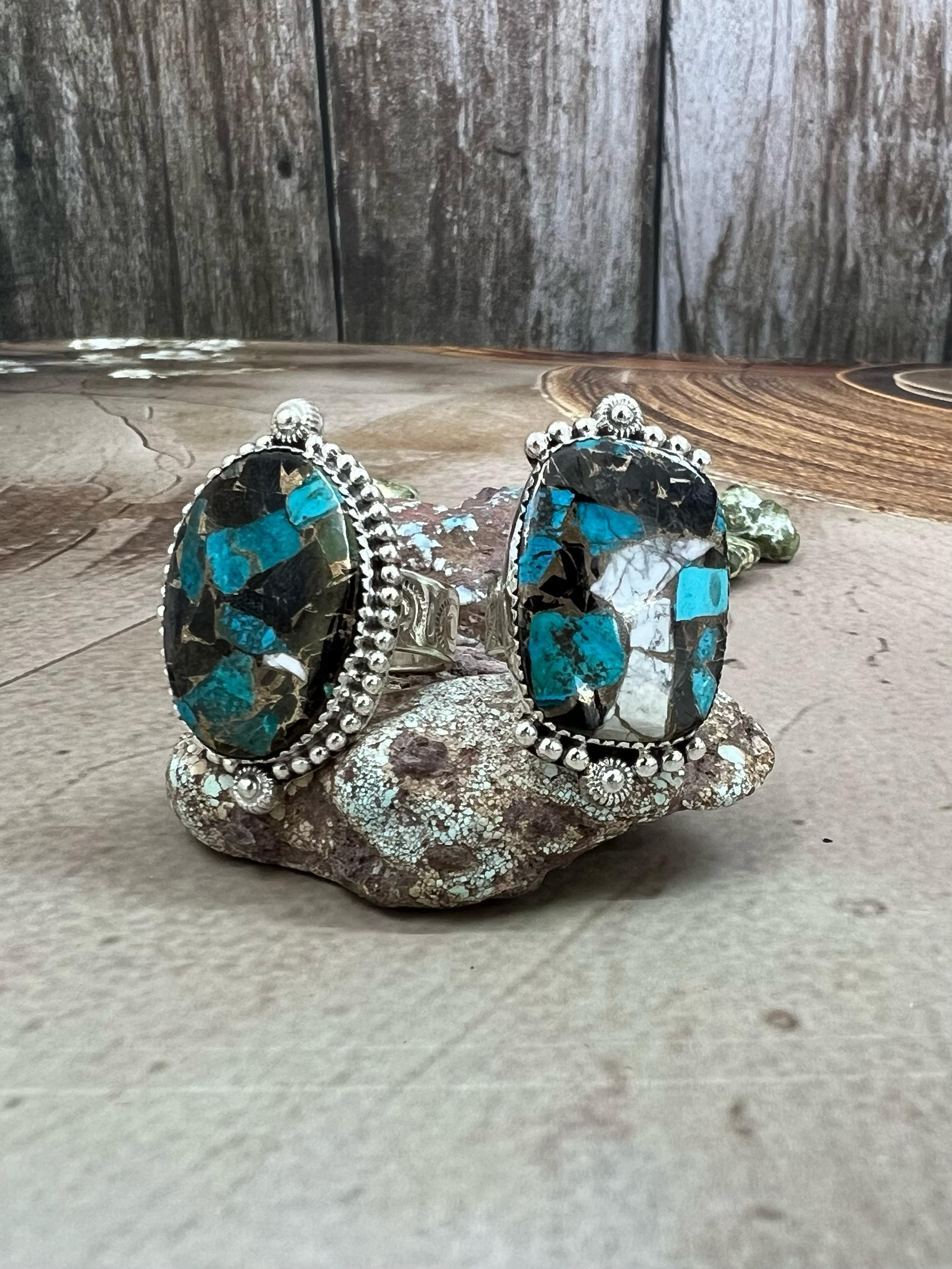 Handmade Sterling Silver Chrysocolla White Buffalo Turquoise Adjustable Ring With Signed Nizhoni