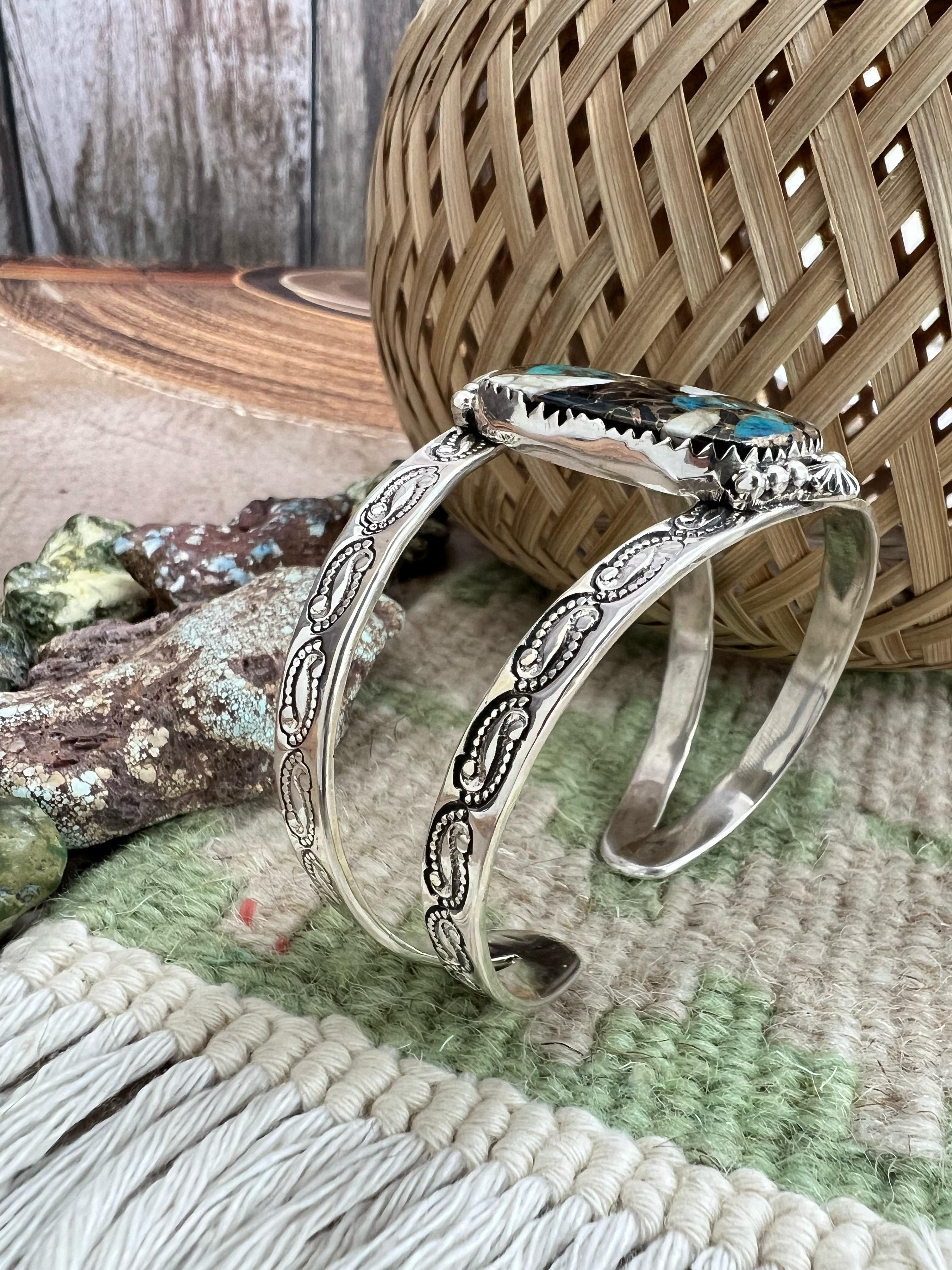 Handmade Sterling Silver Chrysocolla White Buffalo Turquoise Cuff Bracelet with Signed Nizhoni