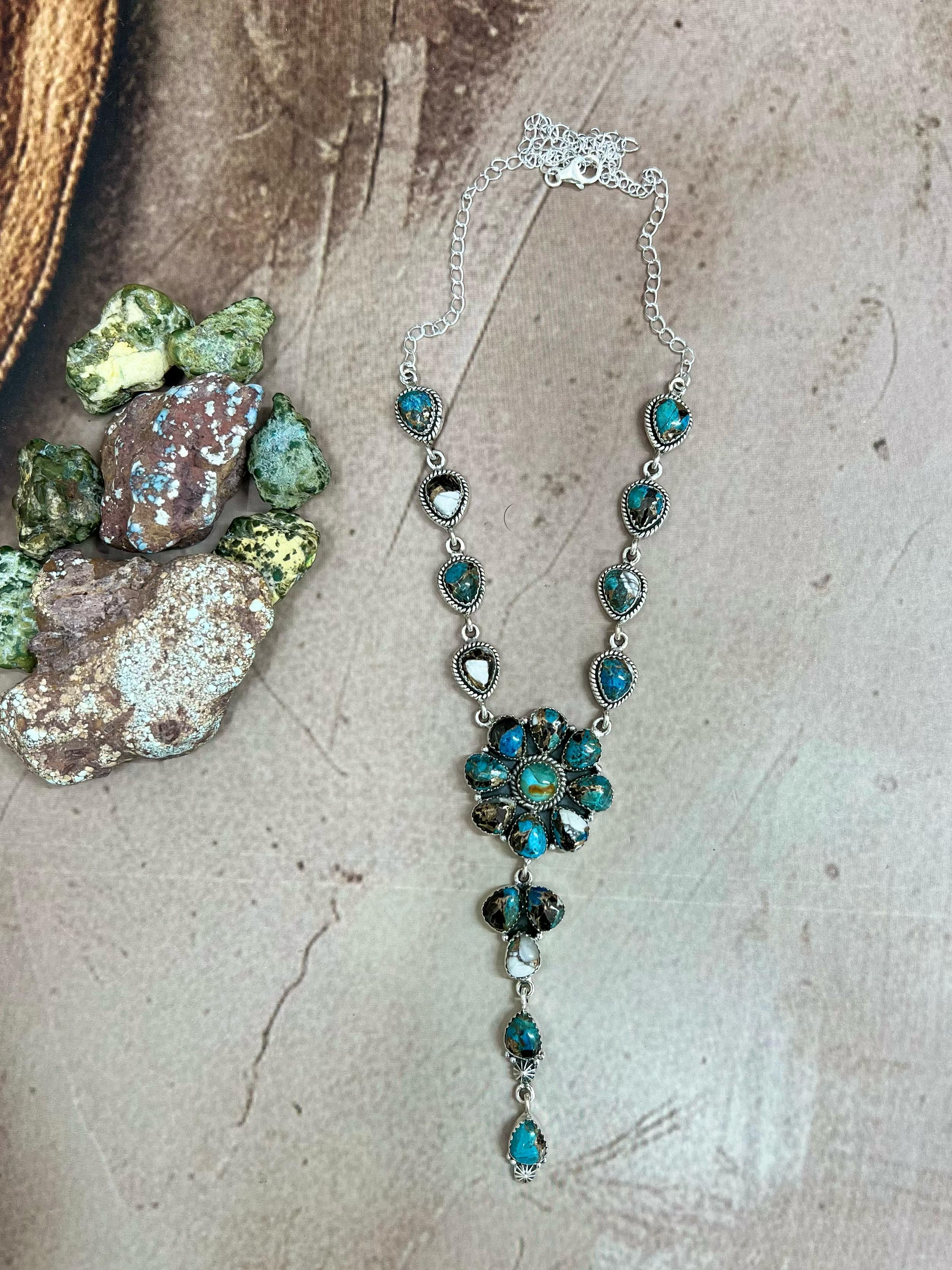 Handmade Sterling Silver Kingman with Chrysocolla White Buffalo Turquoise Necklace with Signed Nizhoni