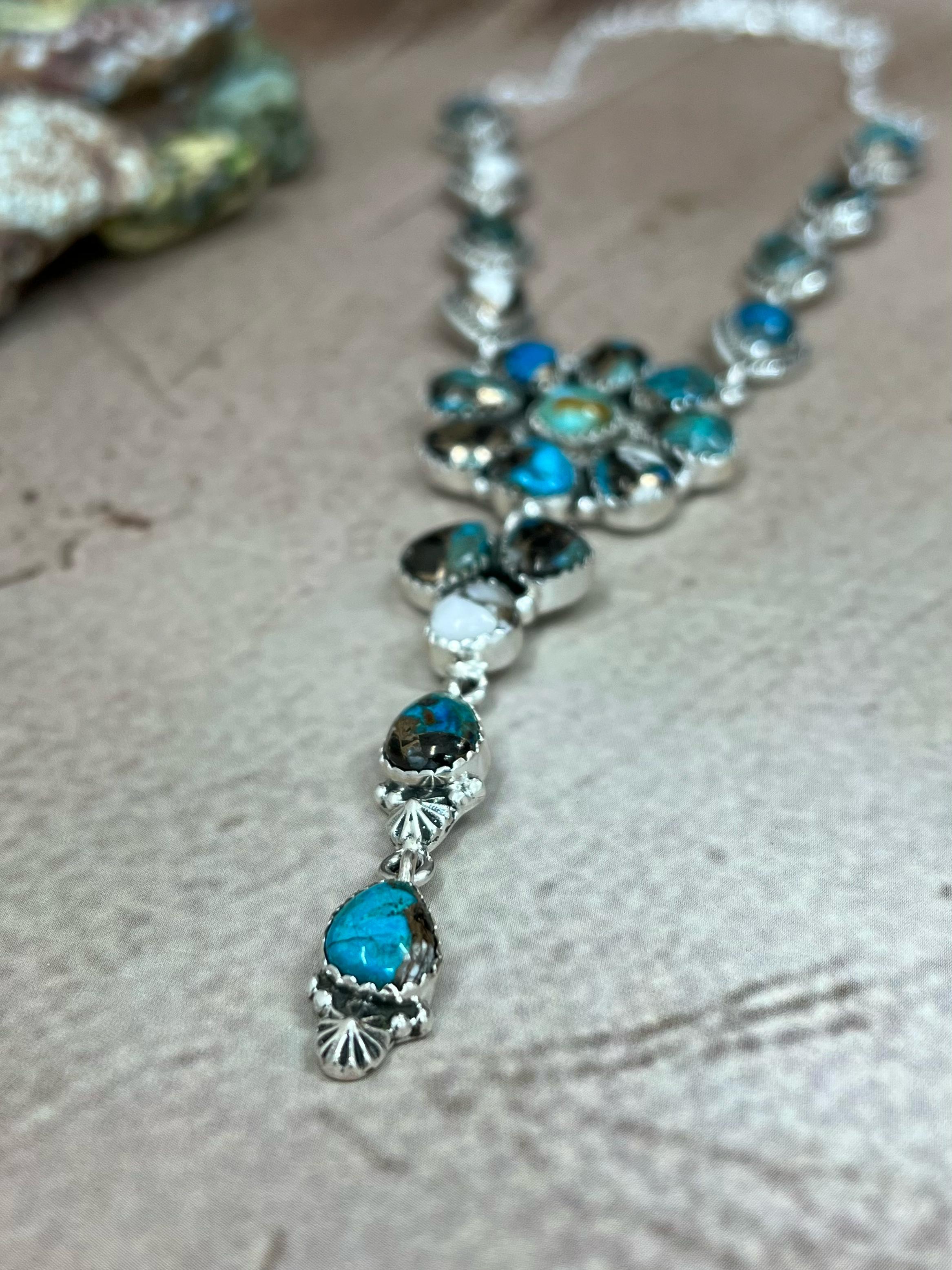 Handmade Sterling Silver Kingman with Chrysocolla White Buffalo Turquoise Necklace with Signed Nizhoni