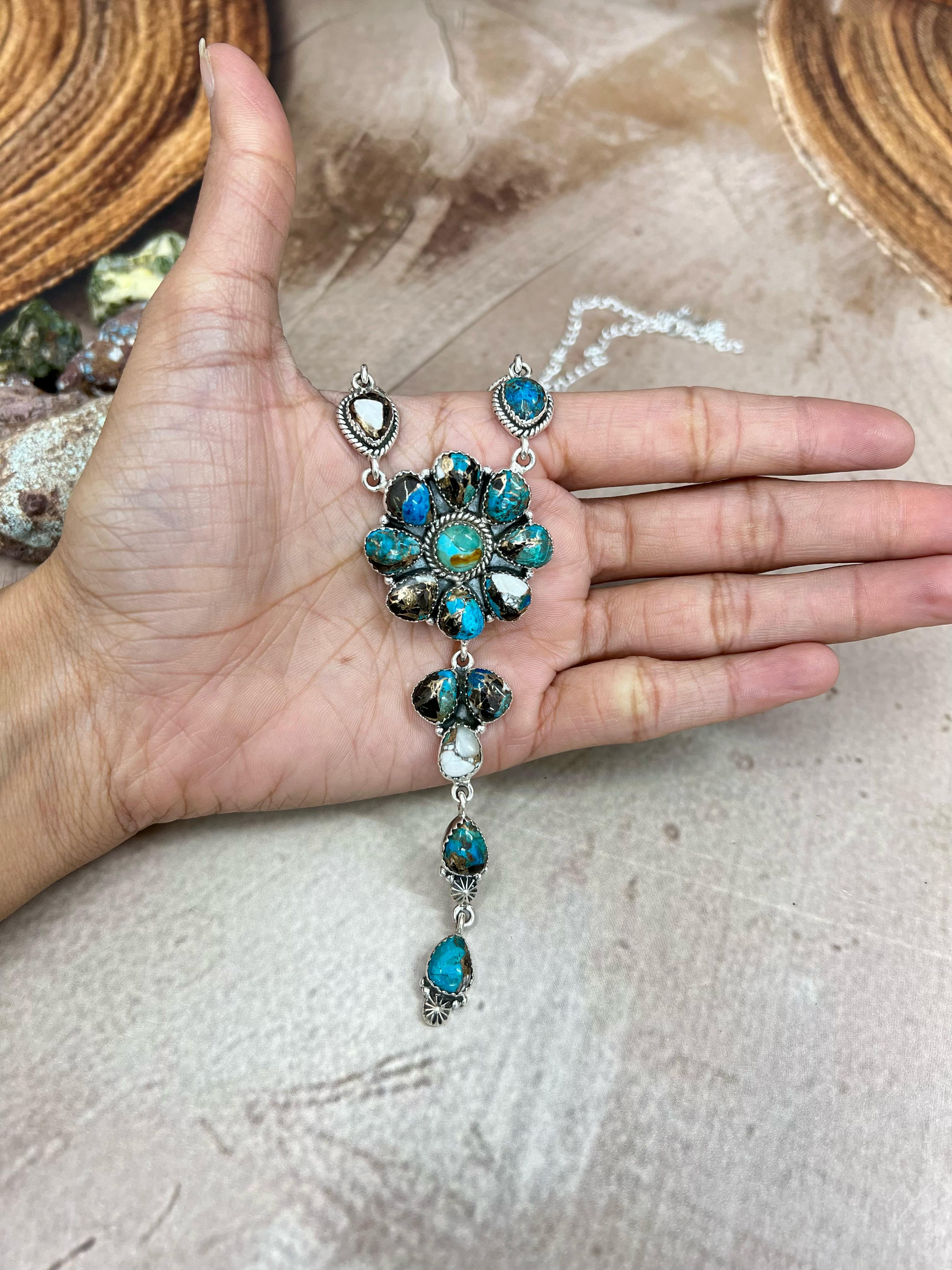 Handmade Sterling Silver Kingman with Chrysocolla White Buffalo Turquoise Necklace with Signed Nizhoni