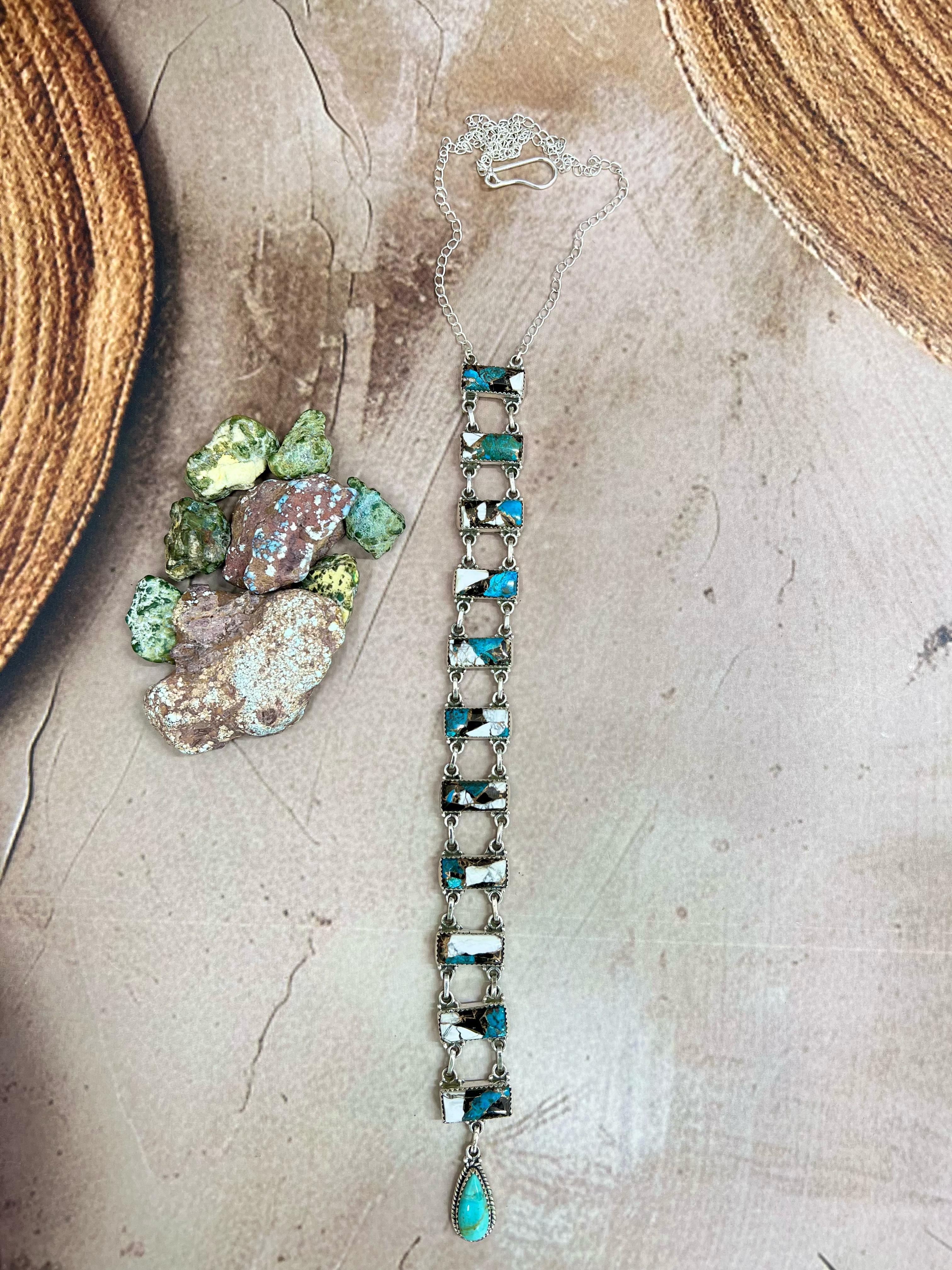 Handmade Sterling Silver Kingman with Chrysocolla White Buffalo Turquoise Necklace with Signed Nizhoni