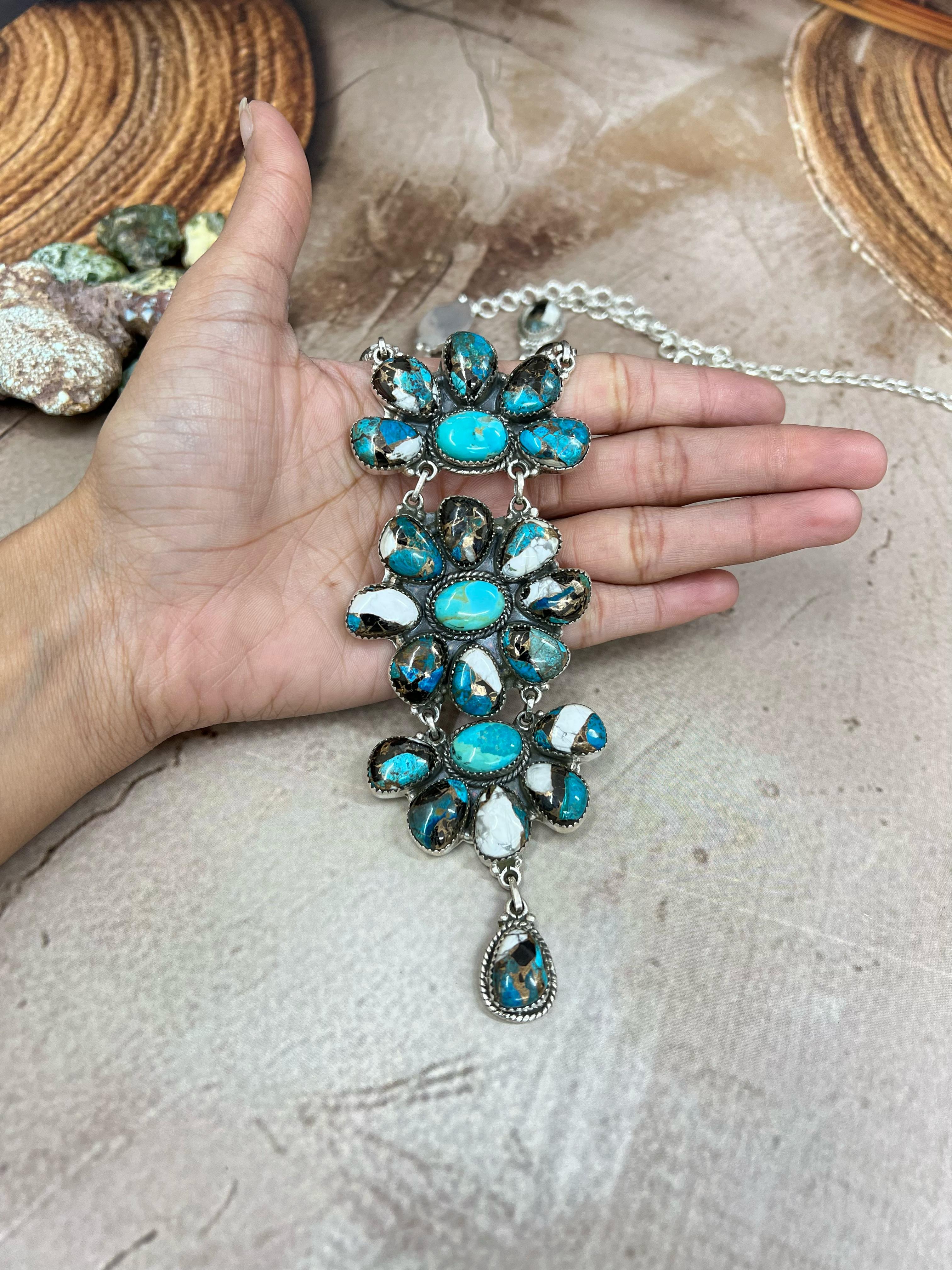 Handmade Sterling Silver Kingman with Chrysocolla White Buffalo Turquoise Necklace with Signed Nizhoni