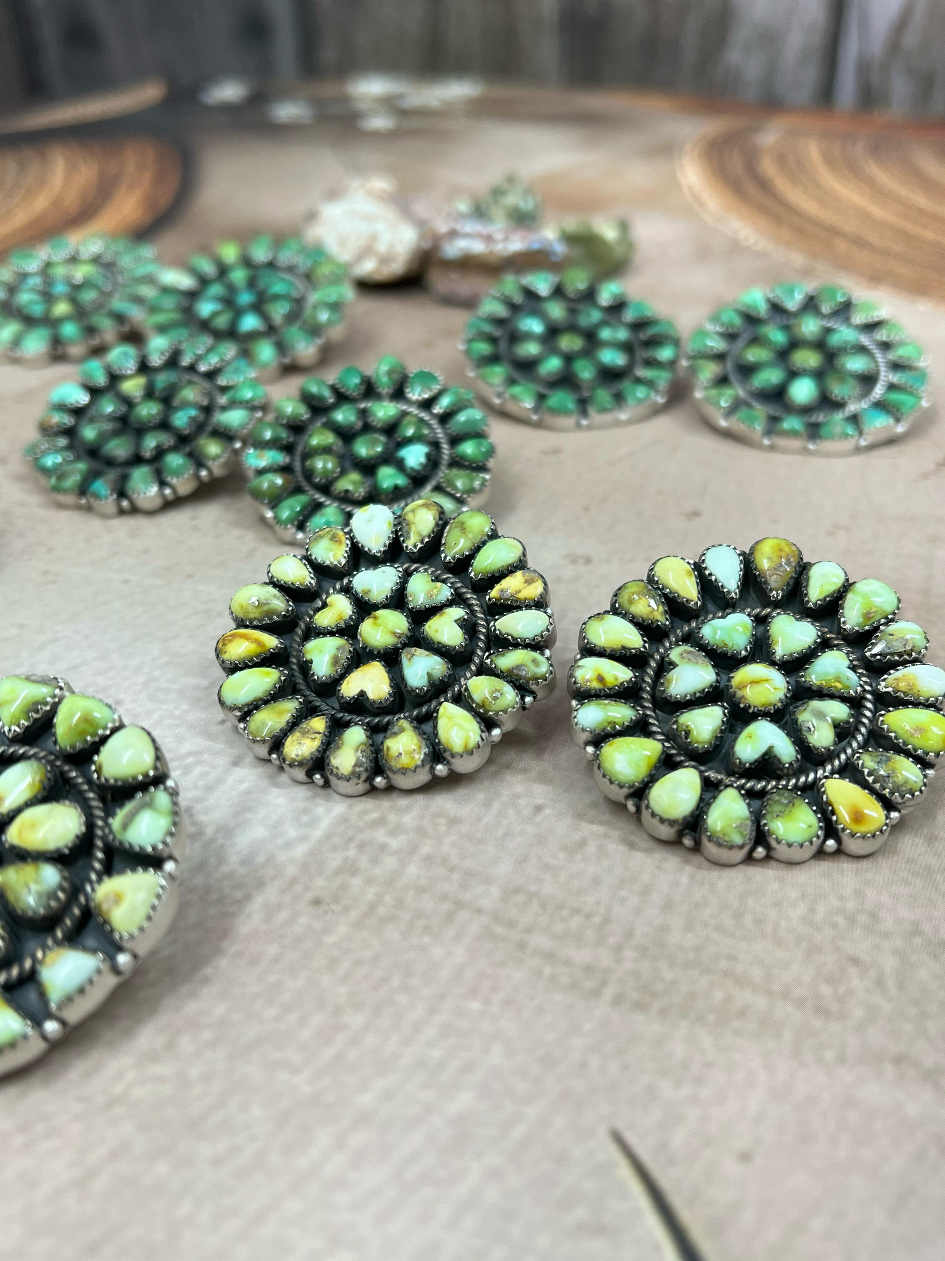 Handmade Sterling Silver Palomino, Sonoran Mountain Turquoise Post Earrings with Signed Nizhoni