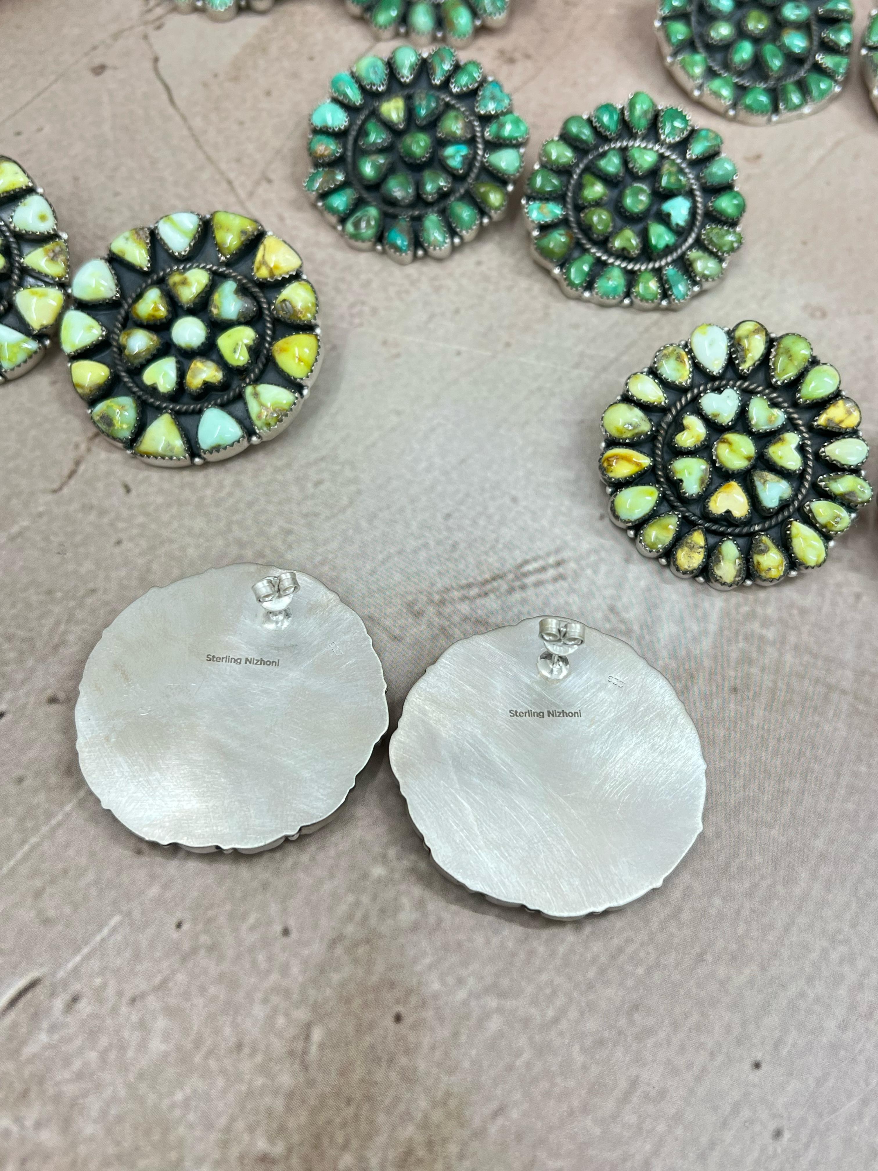 Handmade Sterling Silver Palomino, Sonoran Mountain Turquoise Post Earrings with Signed Nizhoni