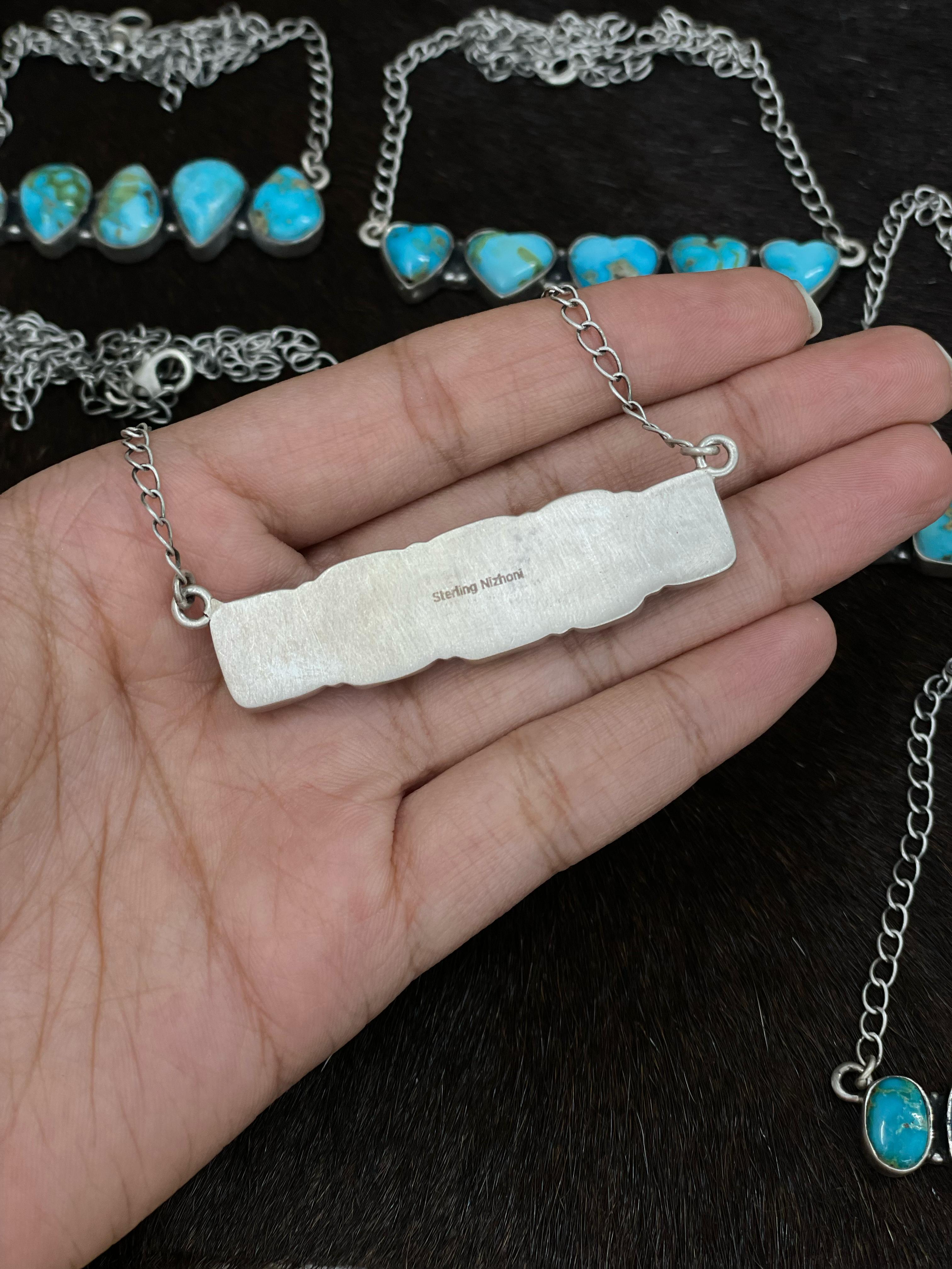 Handmade Sterling Silver South Hill Turquoise Necklace with Signed Nizhoni