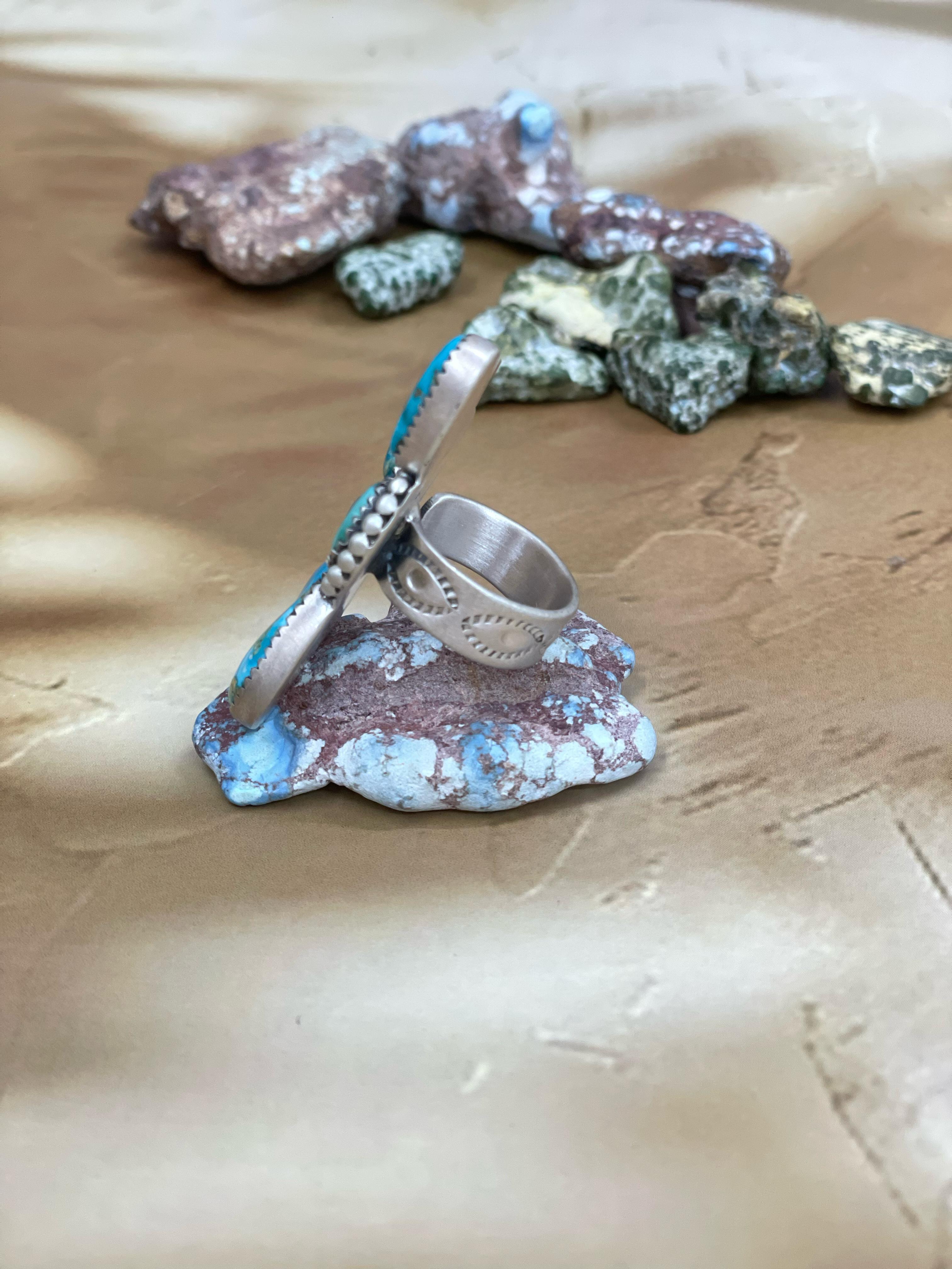 Handmade Sterling Silver South Hill Turquoise Adjustable Ring with Signed Nizhoni