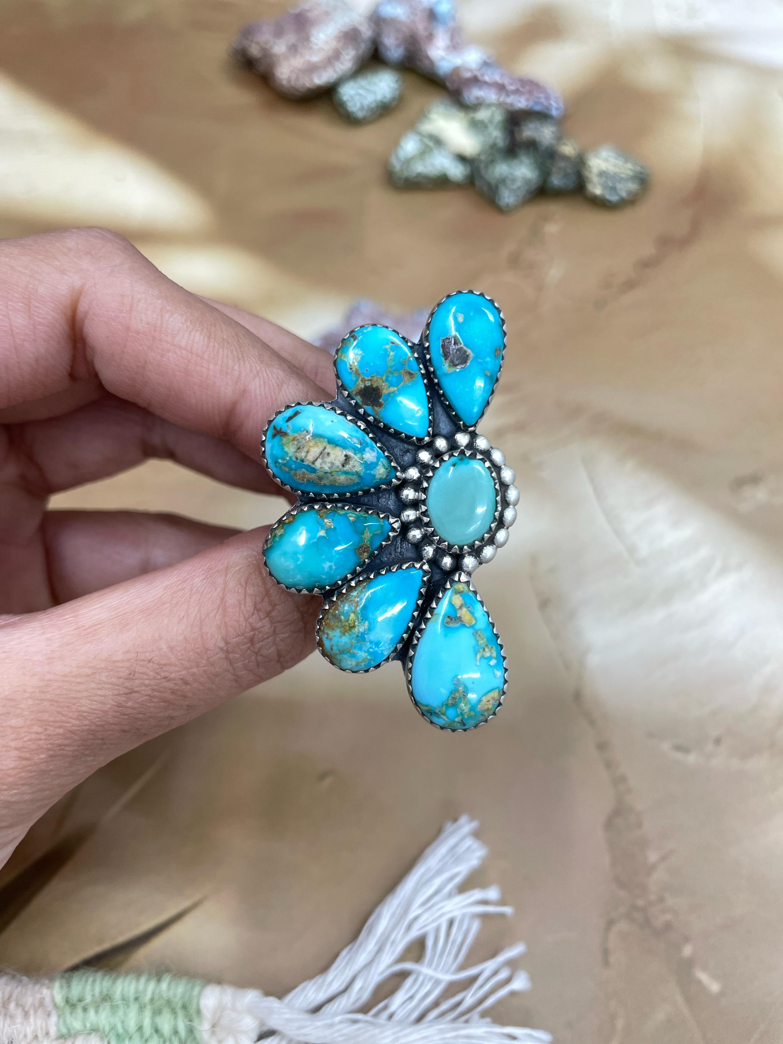 Handmade Sterling Silver South Hill Turquoise Adjustable Ring with Signed Nizhoni