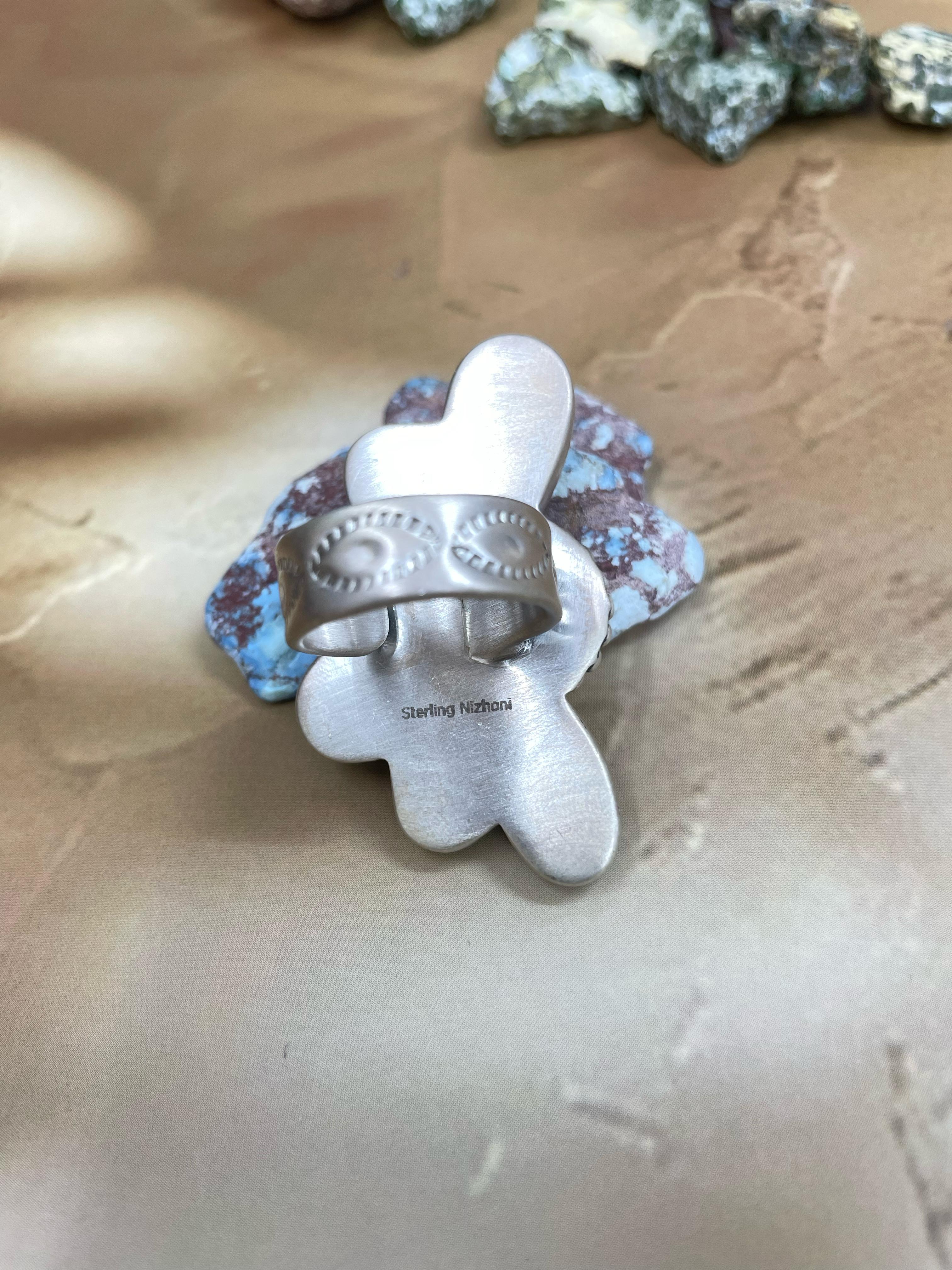 Handmade Sterling Silver South Hill Turquoise Adjustable Ring with Signed Nizhoni