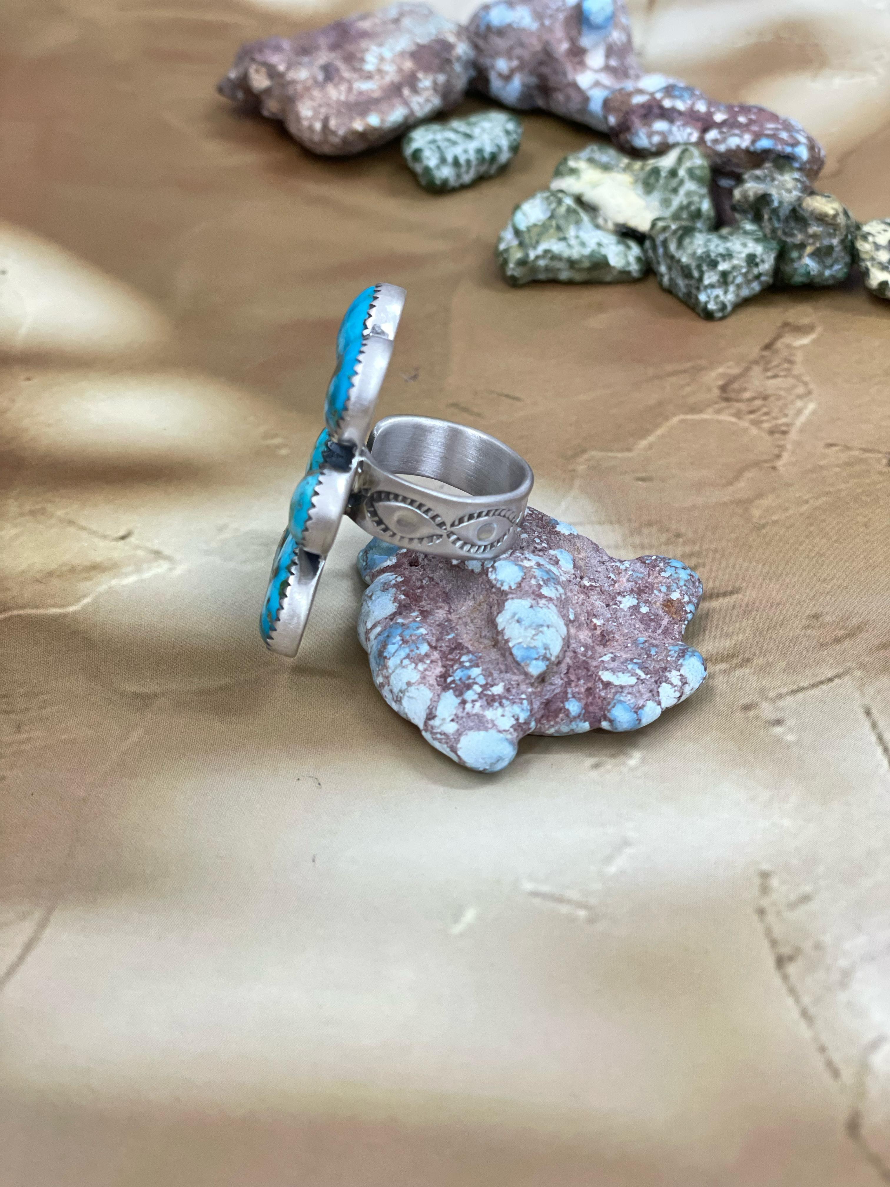 Handmade Sterling Silver South Hill Turquoise Adjustable Ring with Signed Nizhoni