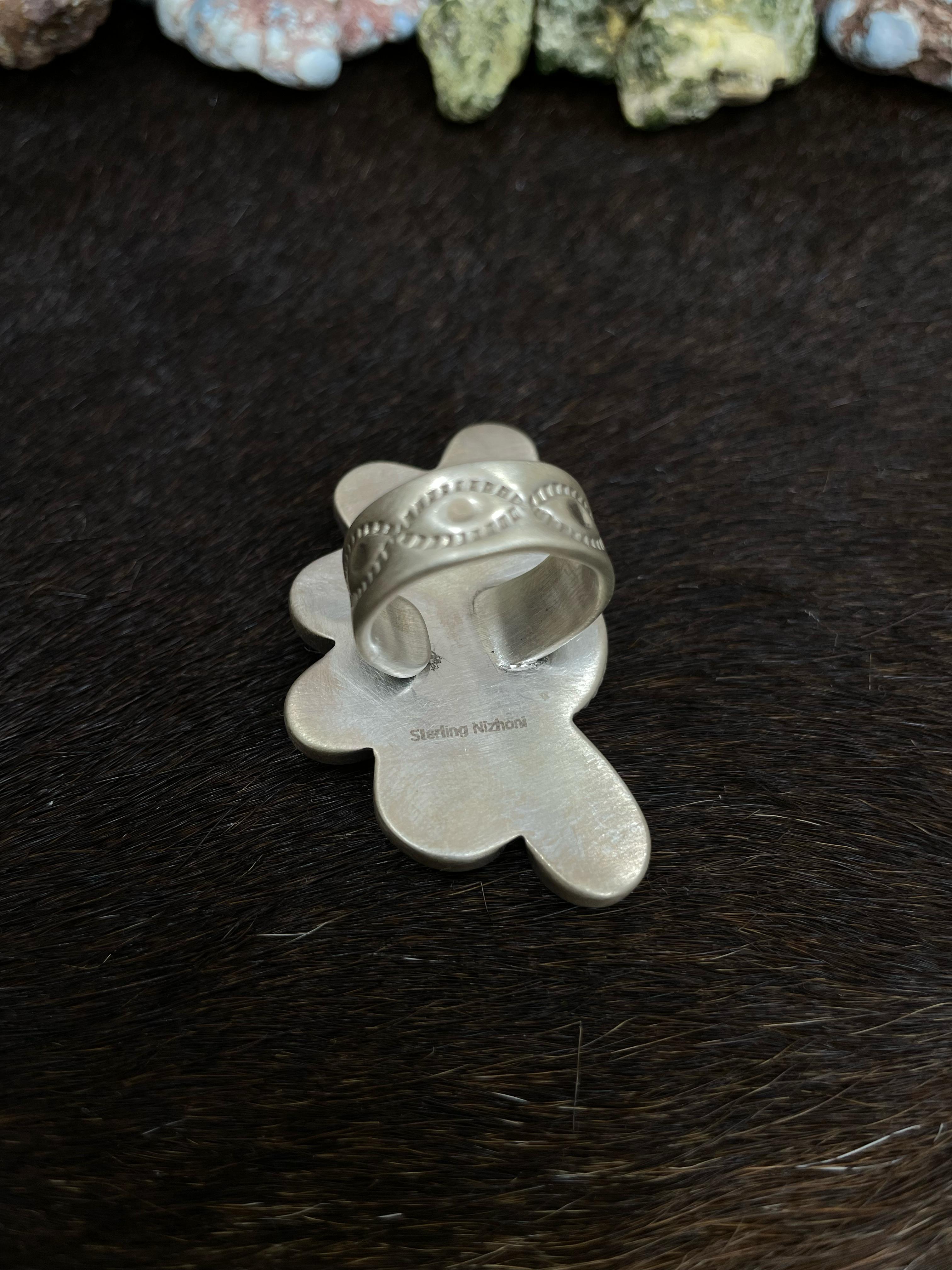 Handmade Sterling Silver South Hill Turquoise Adjustable Ring with Signed Nizhoni