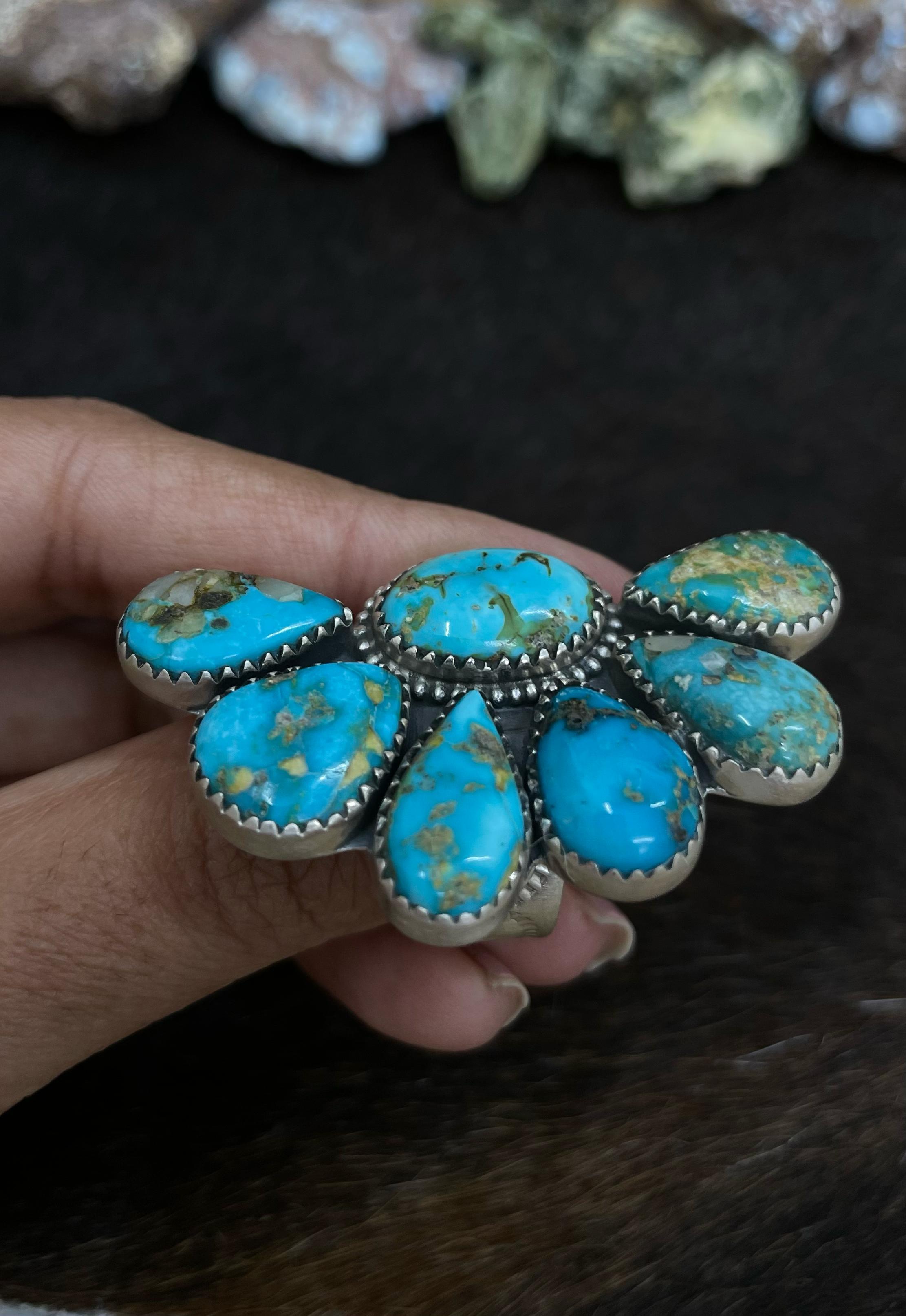 Handmade Sterling Silver South Hill Turquoise Adjustable Ring with Signed Nizhoni