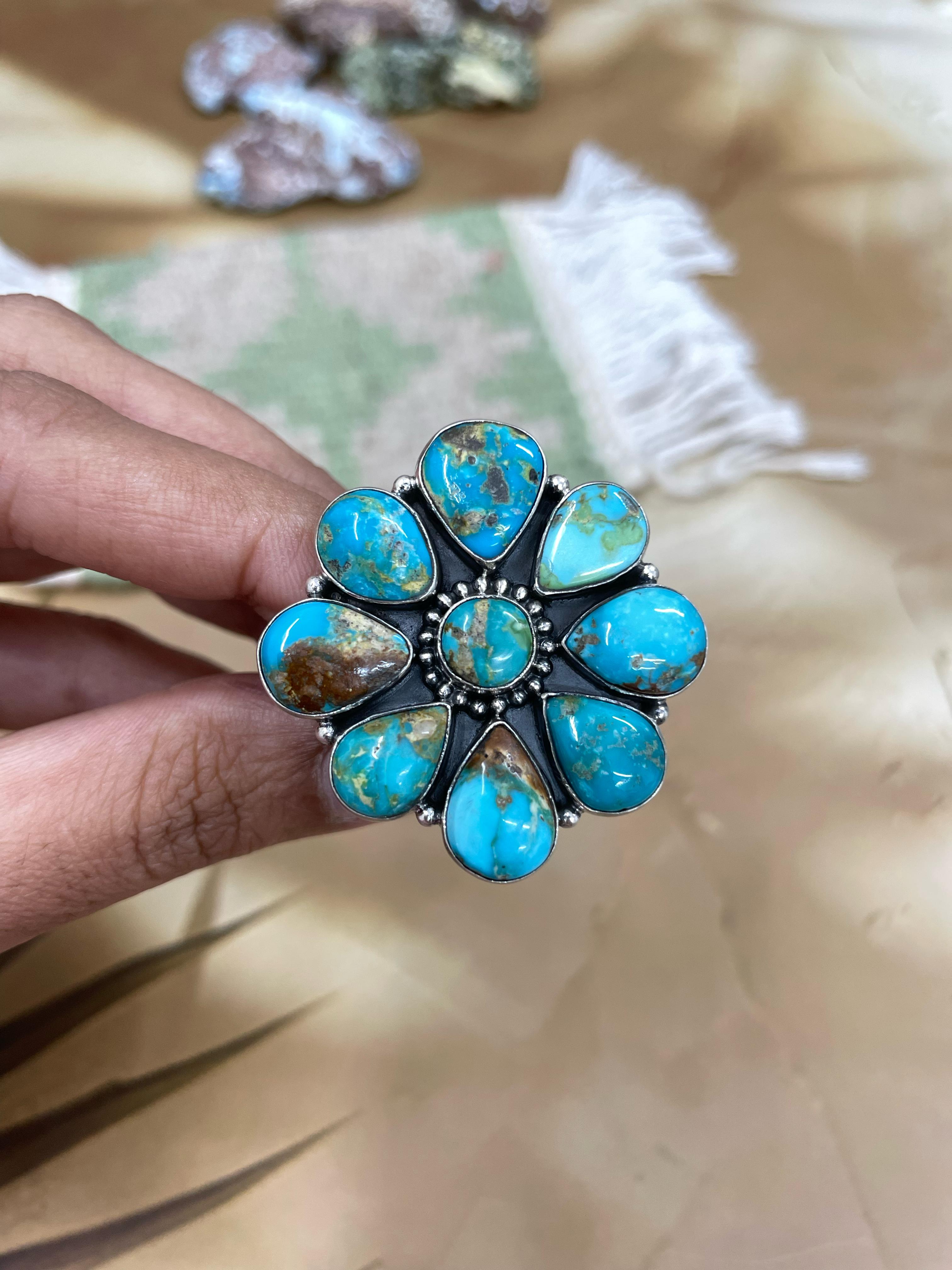 Handmade Sterling Silver South Hill Turquoise Adjustable Ring with Signed Nizhoni