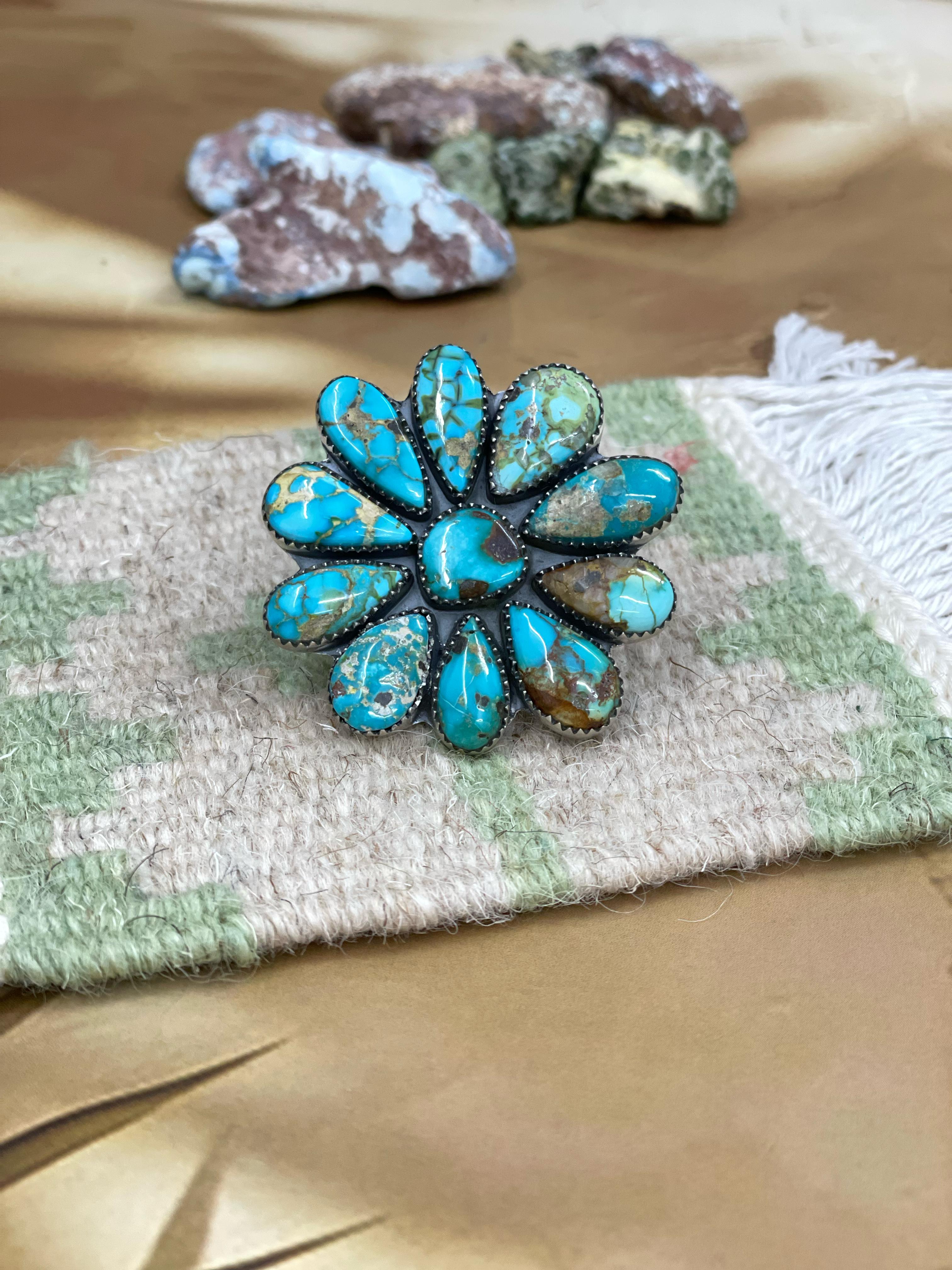 Handmade Sterling Silver South Hill Turquoise Adjustable Ring with Signed Nizhoni