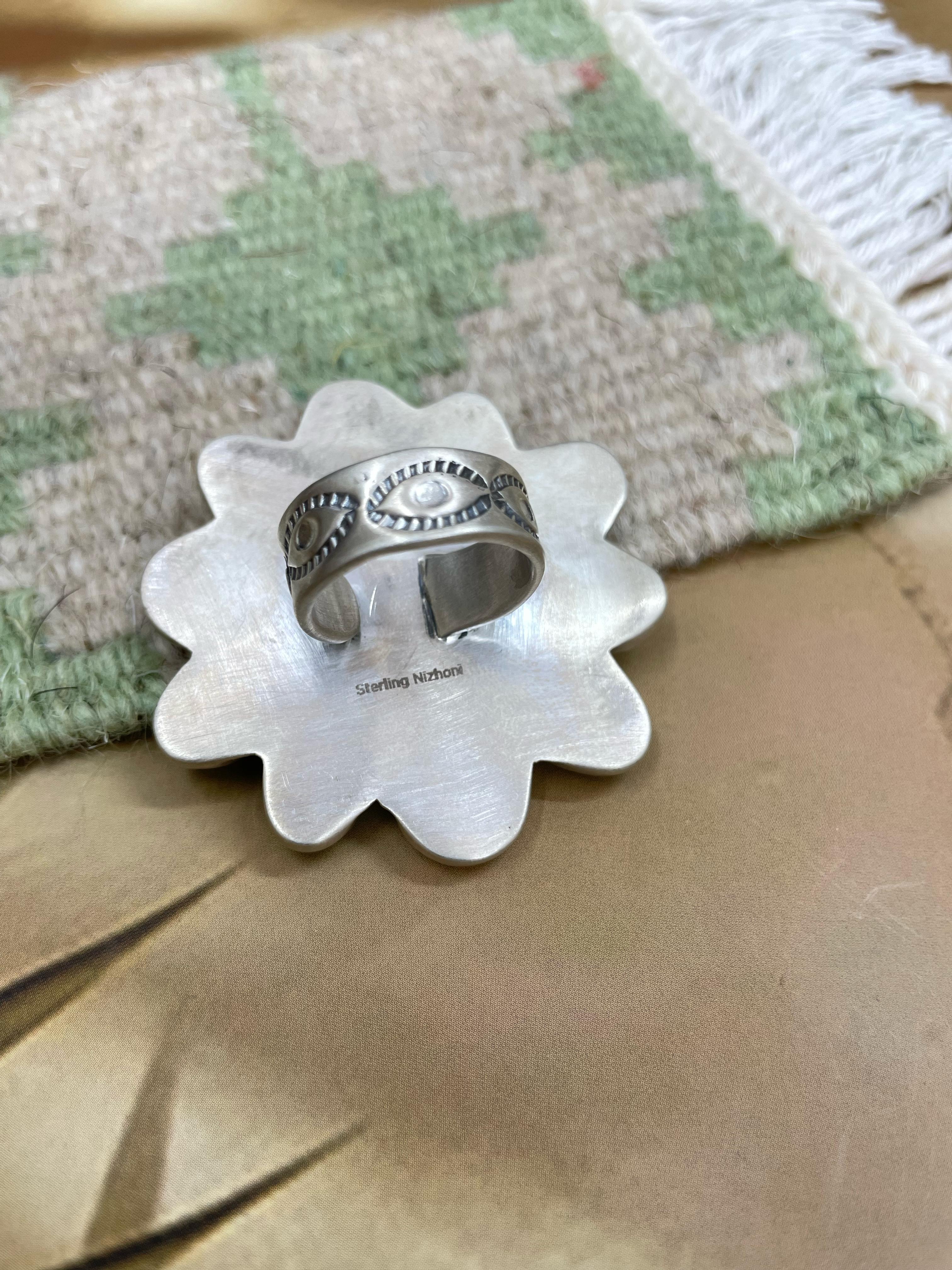 Handmade Sterling Silver South Hill Turquoise Adjustable Ring with Signed Nizhoni