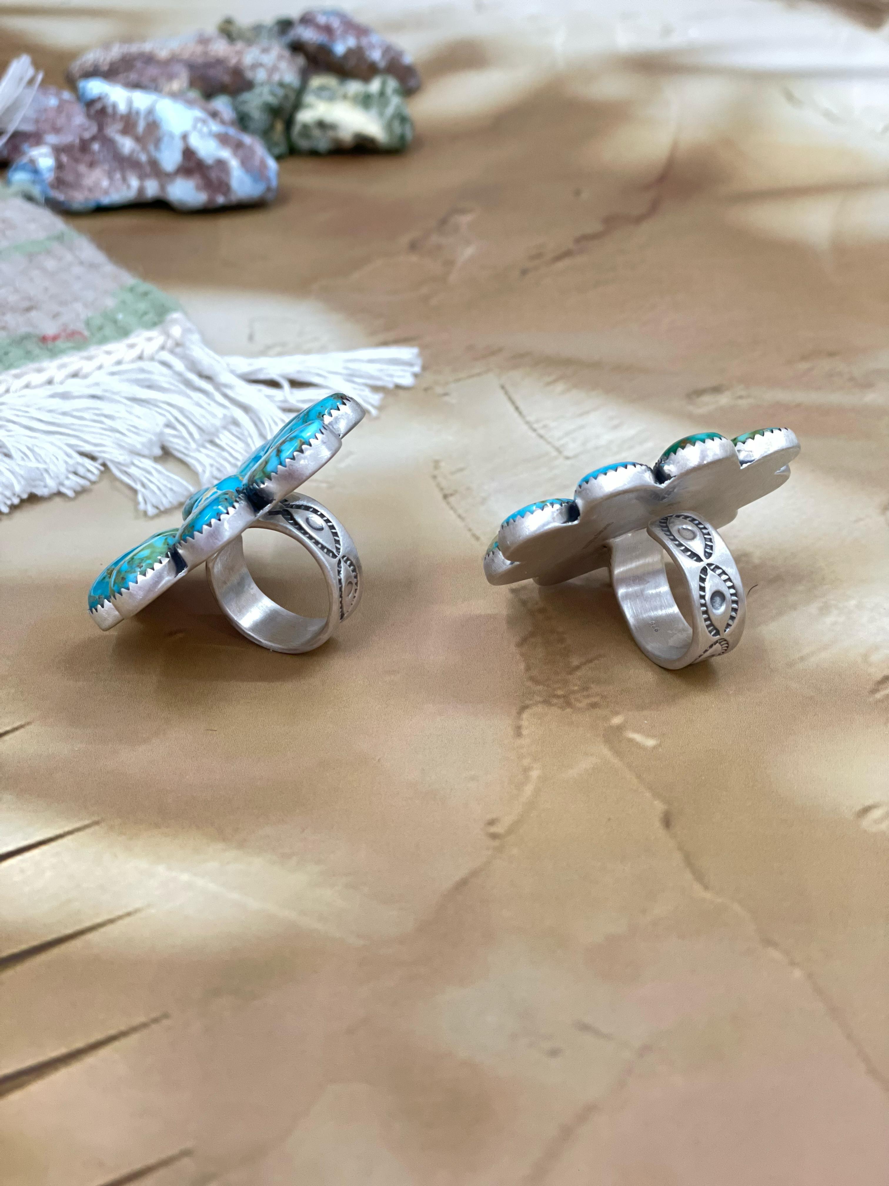 Handmade Sterling Silver South Hill Turquoise Adjustable Ring With Signed Nizhoni