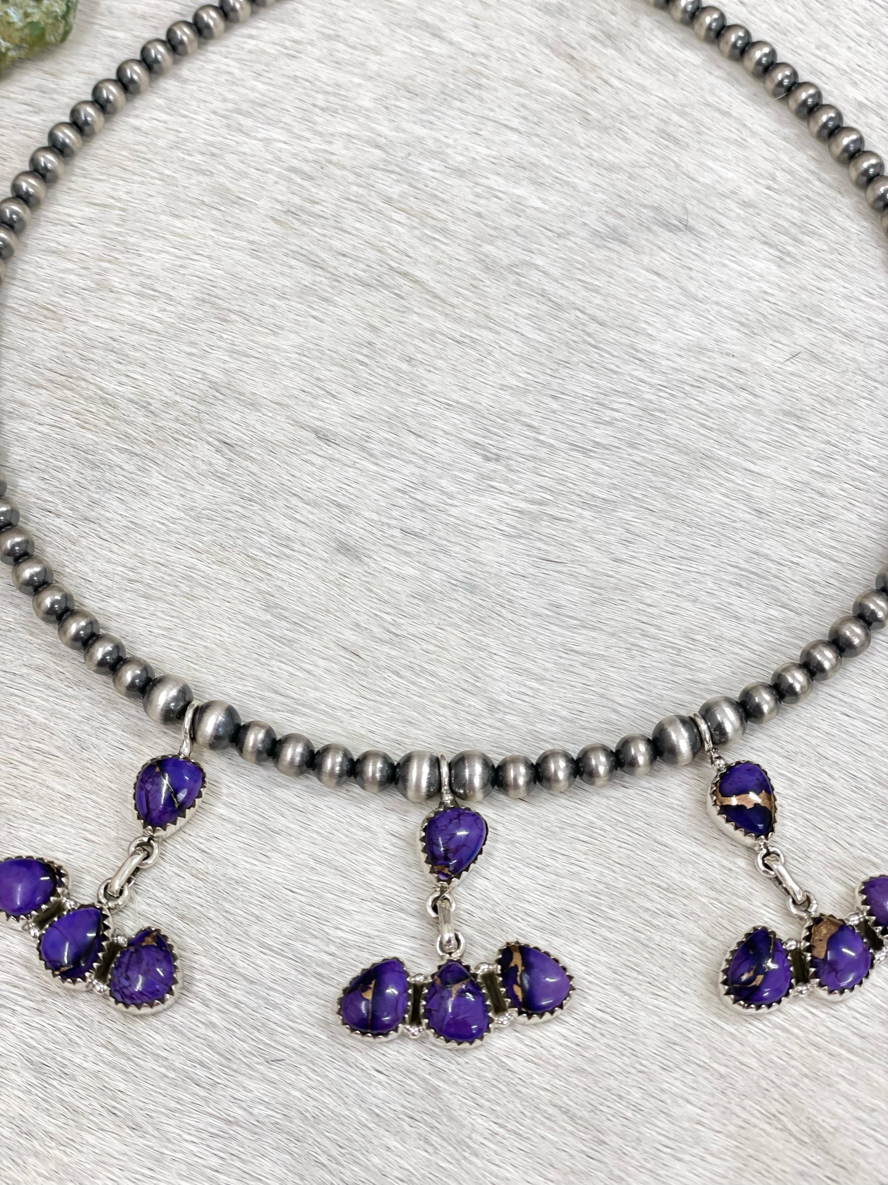 Handmade Sterling Silver Grape Dahlia Beaded Necklace with Signed Nizhoni