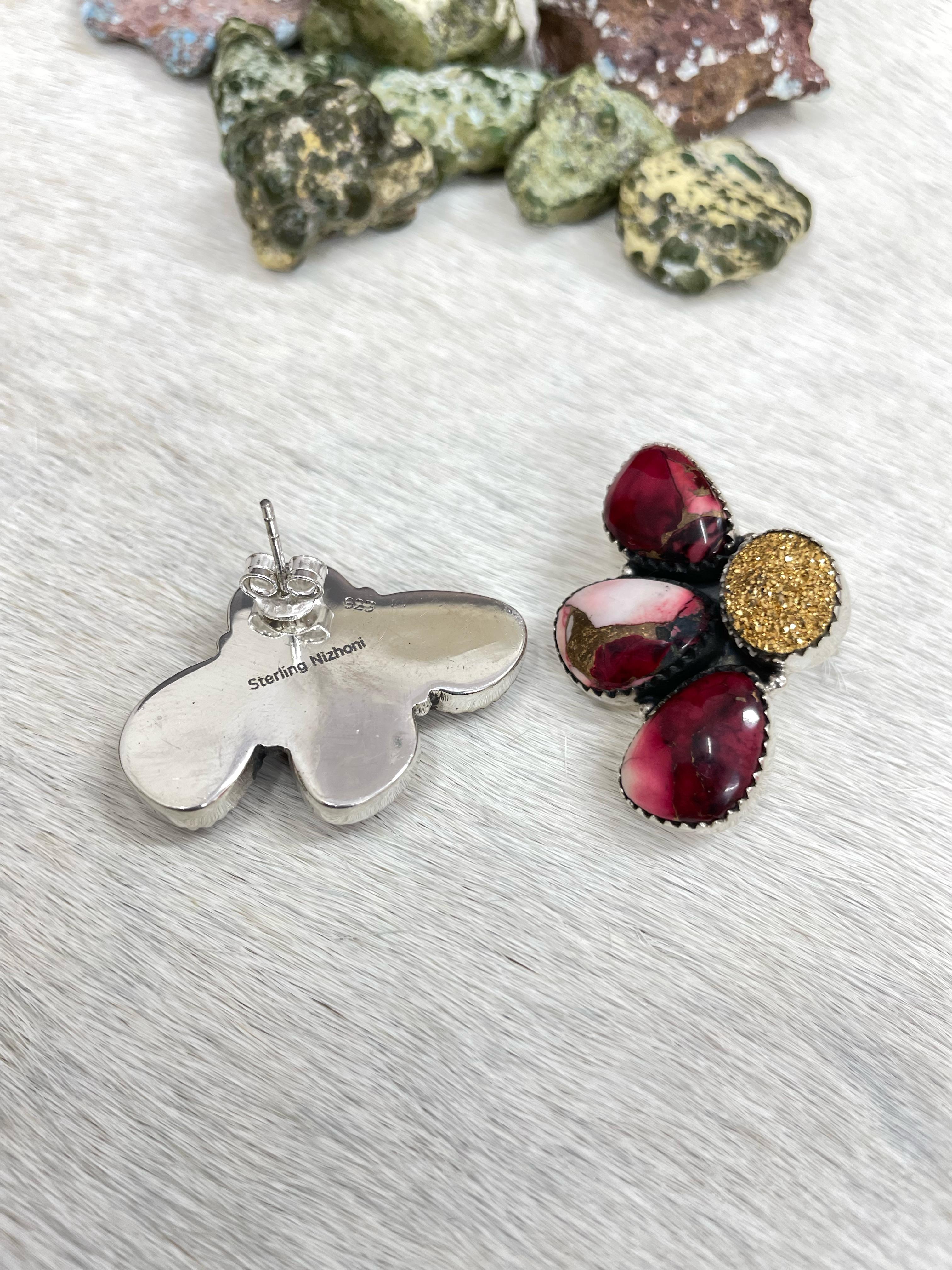 Handmade Sterling Silver Dahlia Rose with Druzy Post Earrings with Signed Nizhoni