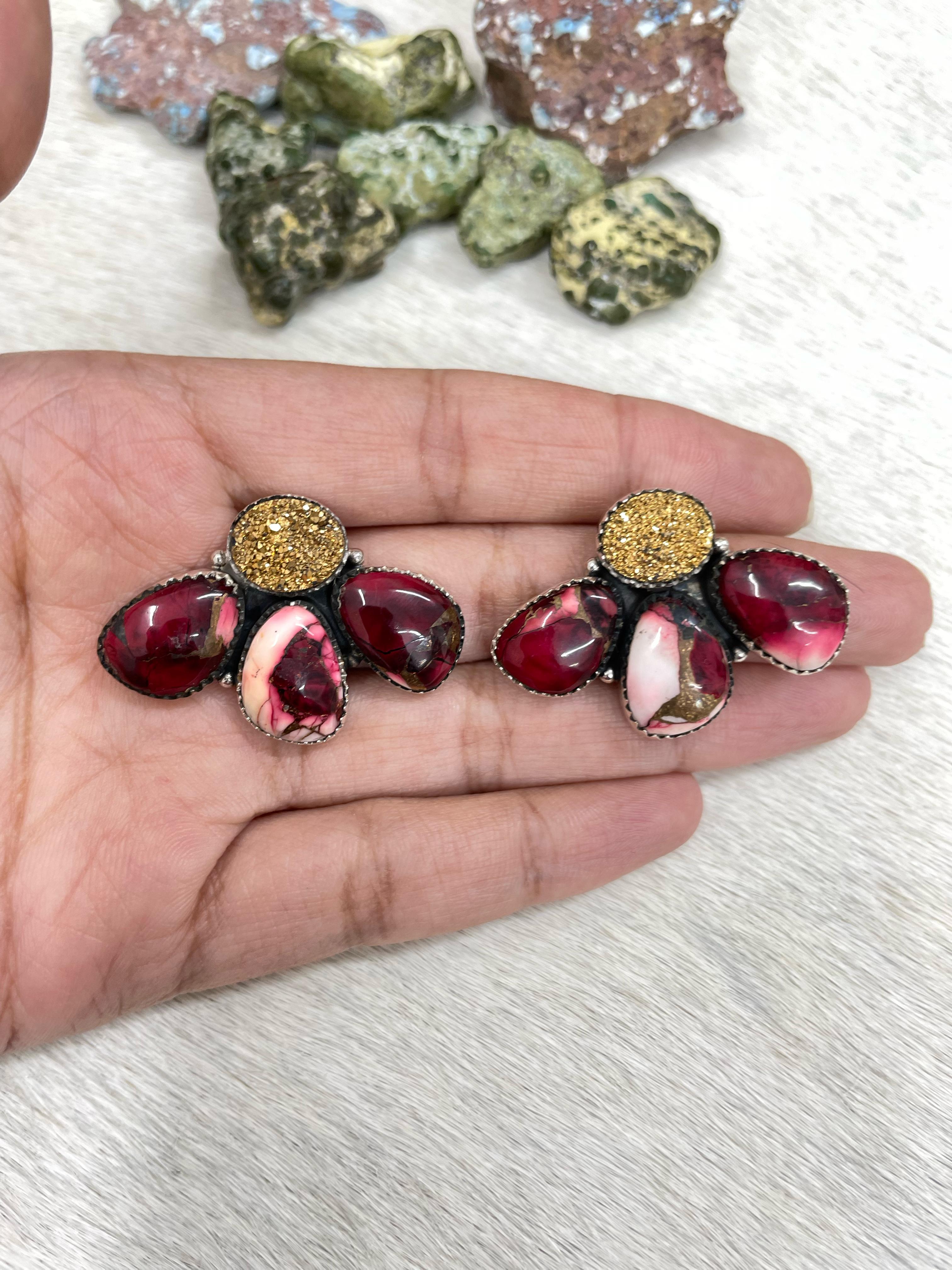 Handmade Sterling Silver Dahlia Rose with Druzy Post Earrings with Signed Nizhoni