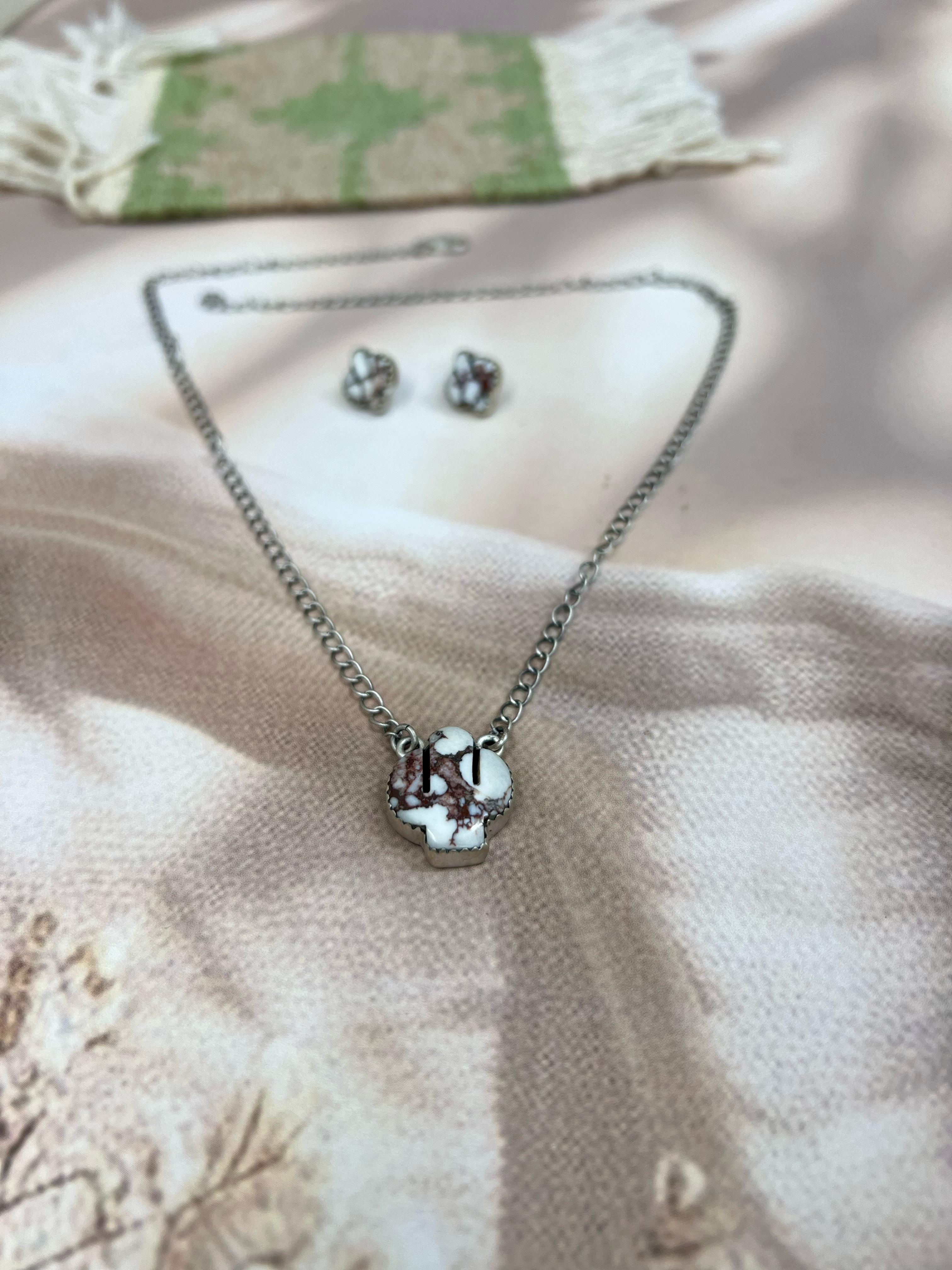 Handmade Sterling Silver Wild Horse Saguaro Necklace Earrings Set with Signed Nizhoni