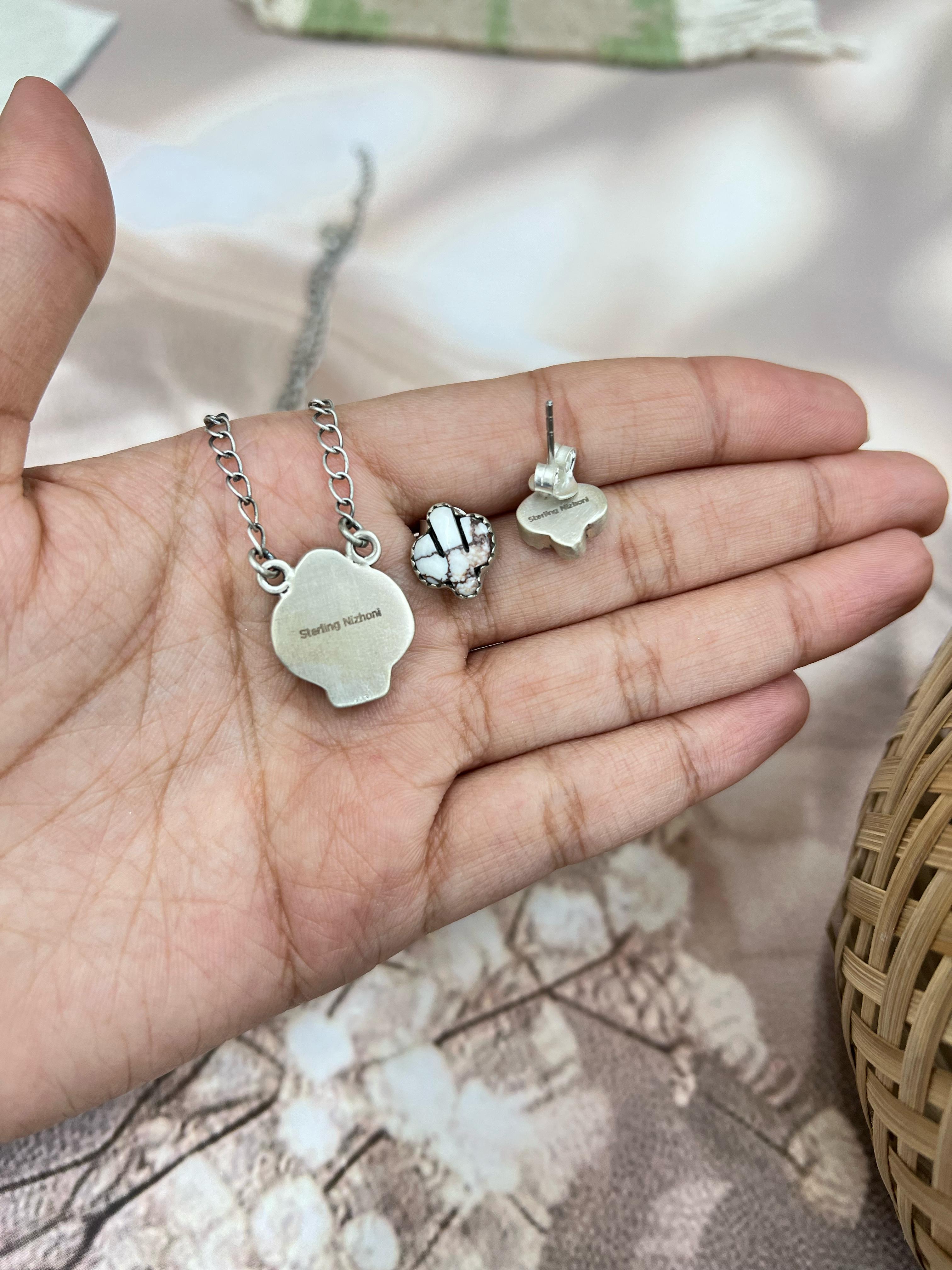 Handmade Sterling Silver Wild Horse Saguaro Necklace Earrings Set with Signed Nizhoni