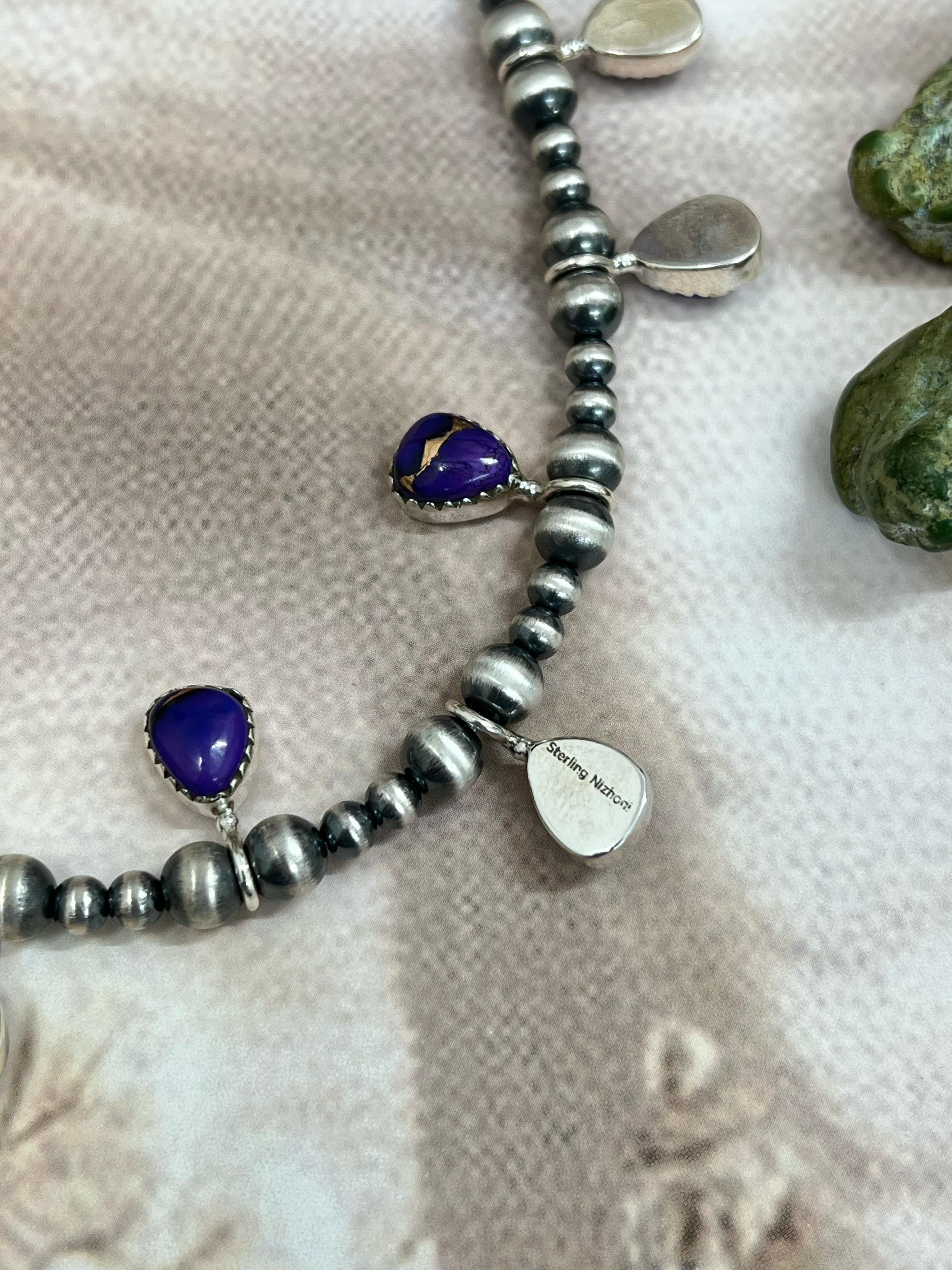 Handmade Sterling Silver Grape Dahlia Beaded Necklace with Signed Nizhoni