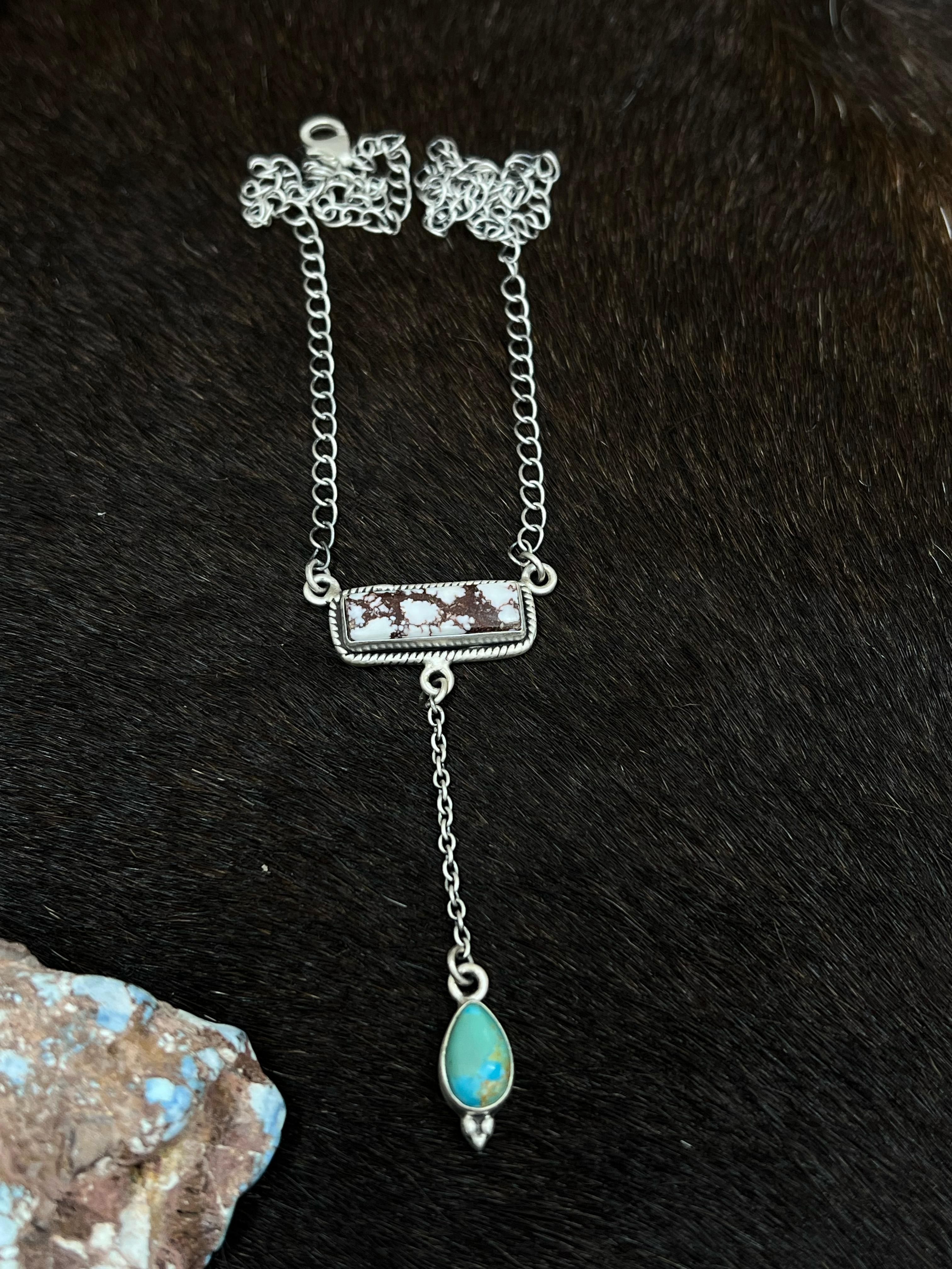 Handmade Sterling Silver Wild Horse with Kingman Turquoise Necklace, Signed Nizhoni