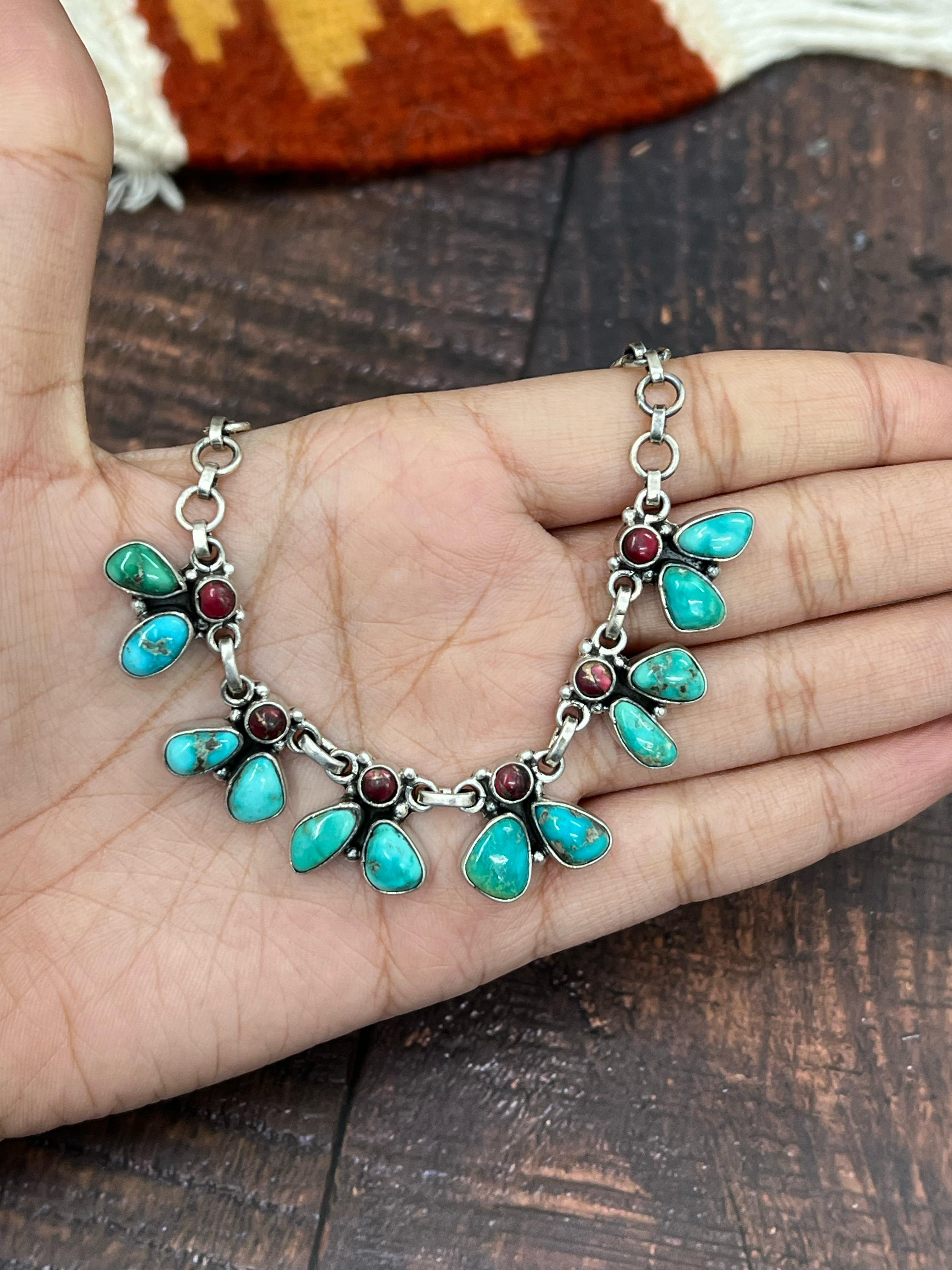 Handmade Sterling Silver Dahlia Rose with Emerald Valley Turquoise Necklace, Signed Nizhoni