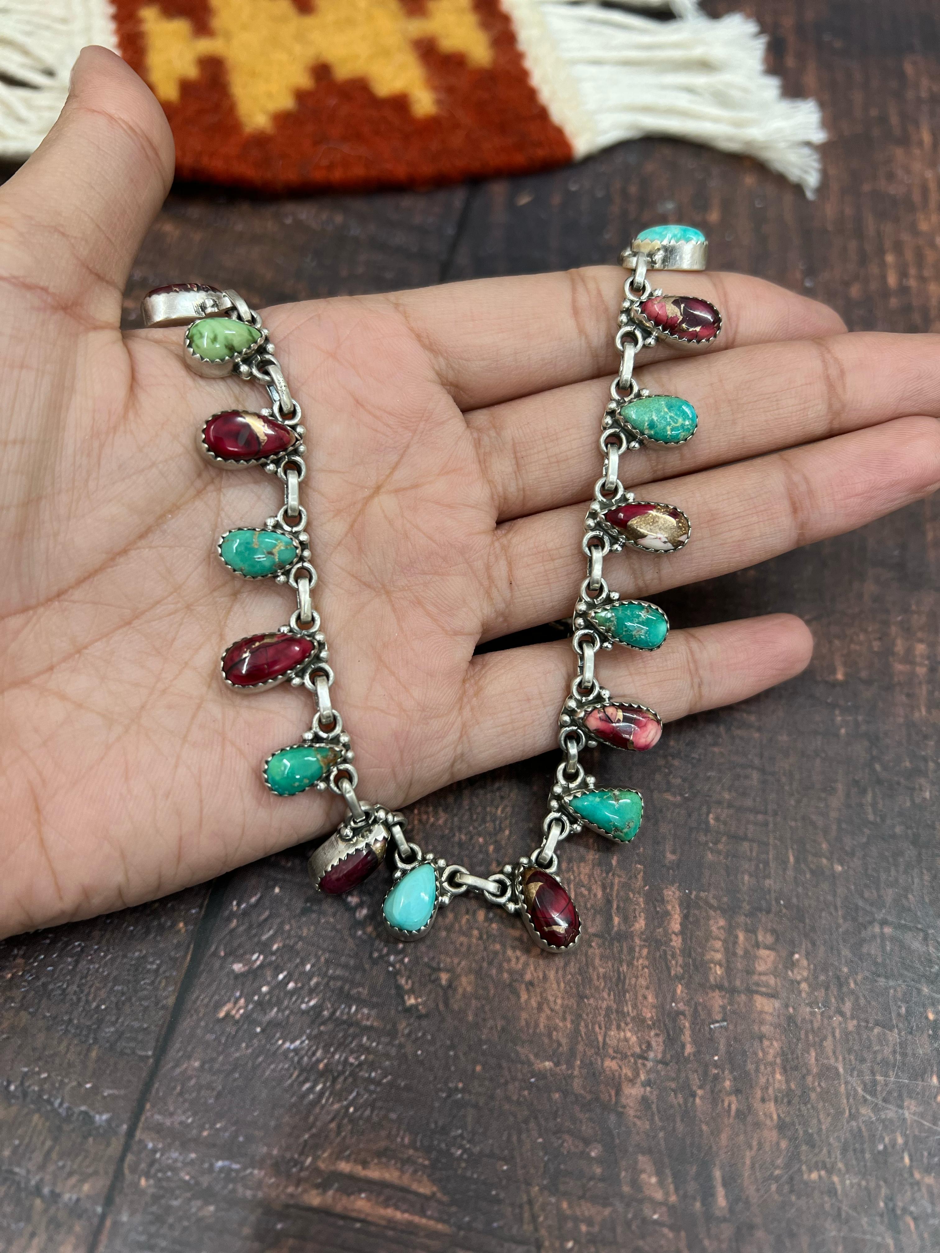 Handmade Sterling Silver Dahlia Rose with Emerald Valley Turquoise Necklace, Signed Nizhoni