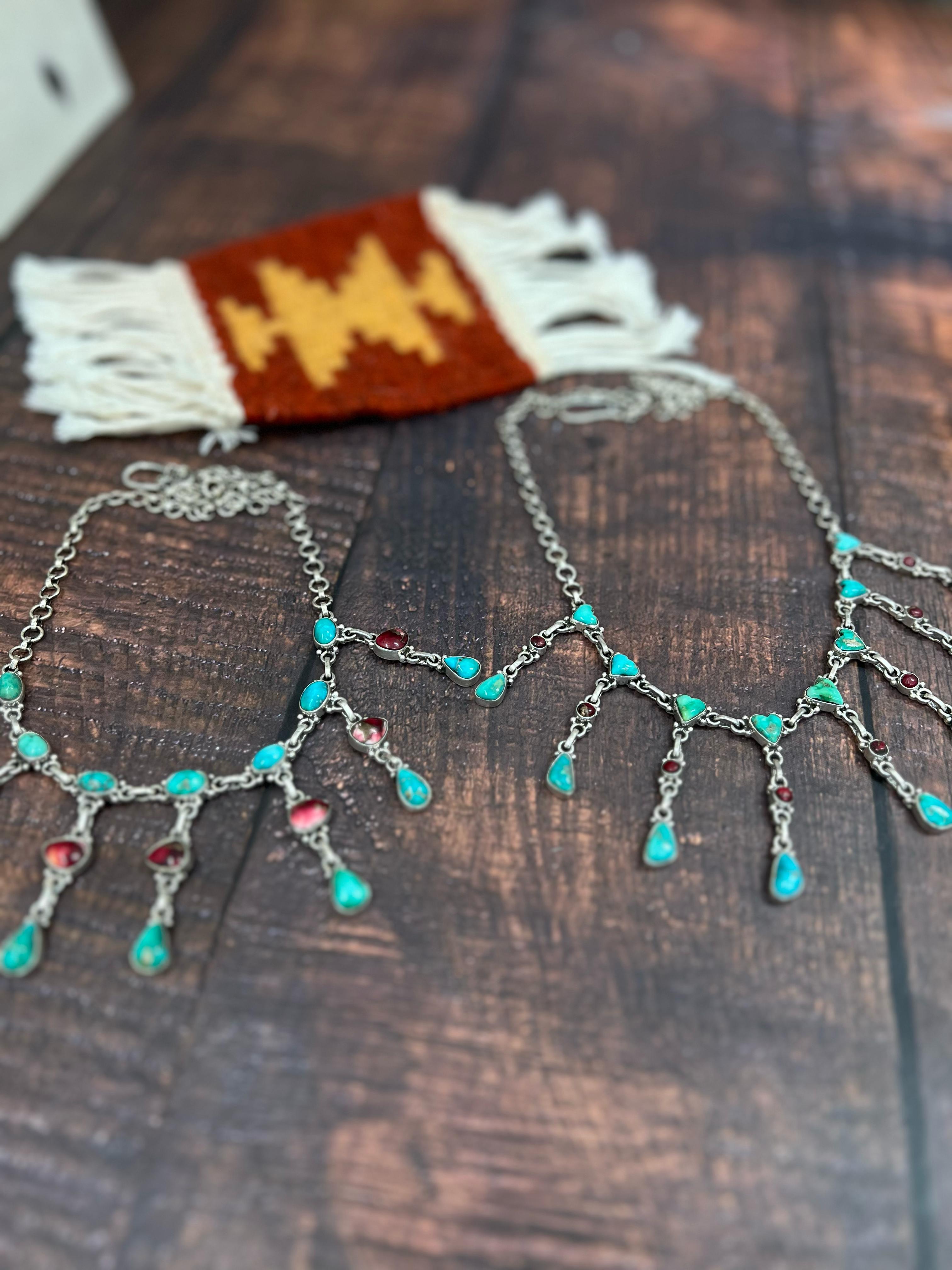 Handmade Sterling Silver Dahlia Rose with Emerald Valley Turquoise Necklace with Signed Nizhoni