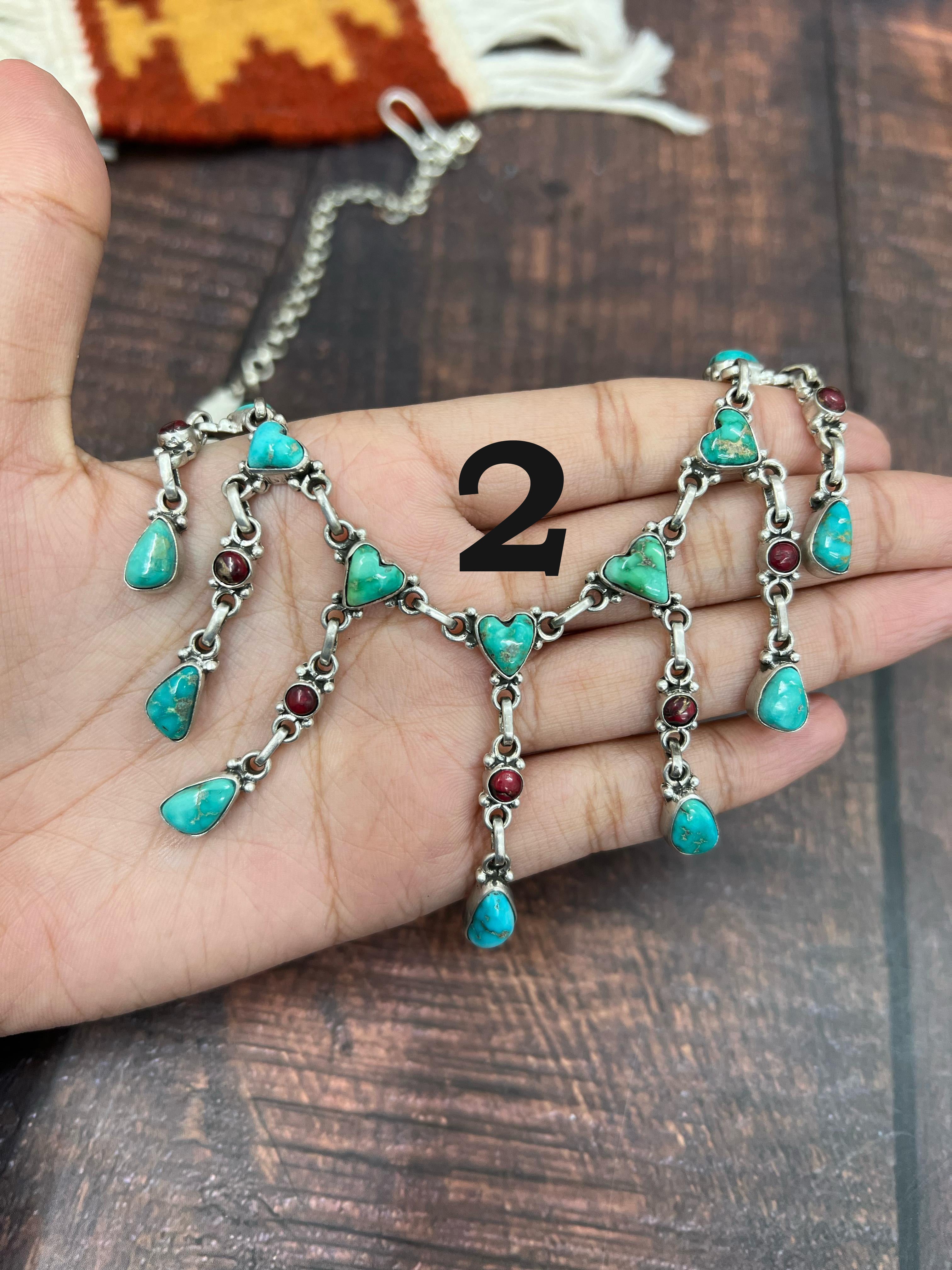 Handmade Sterling Silver Dahlia Rose with Emerald Valley Turquoise Necklace with Signed Nizhoni