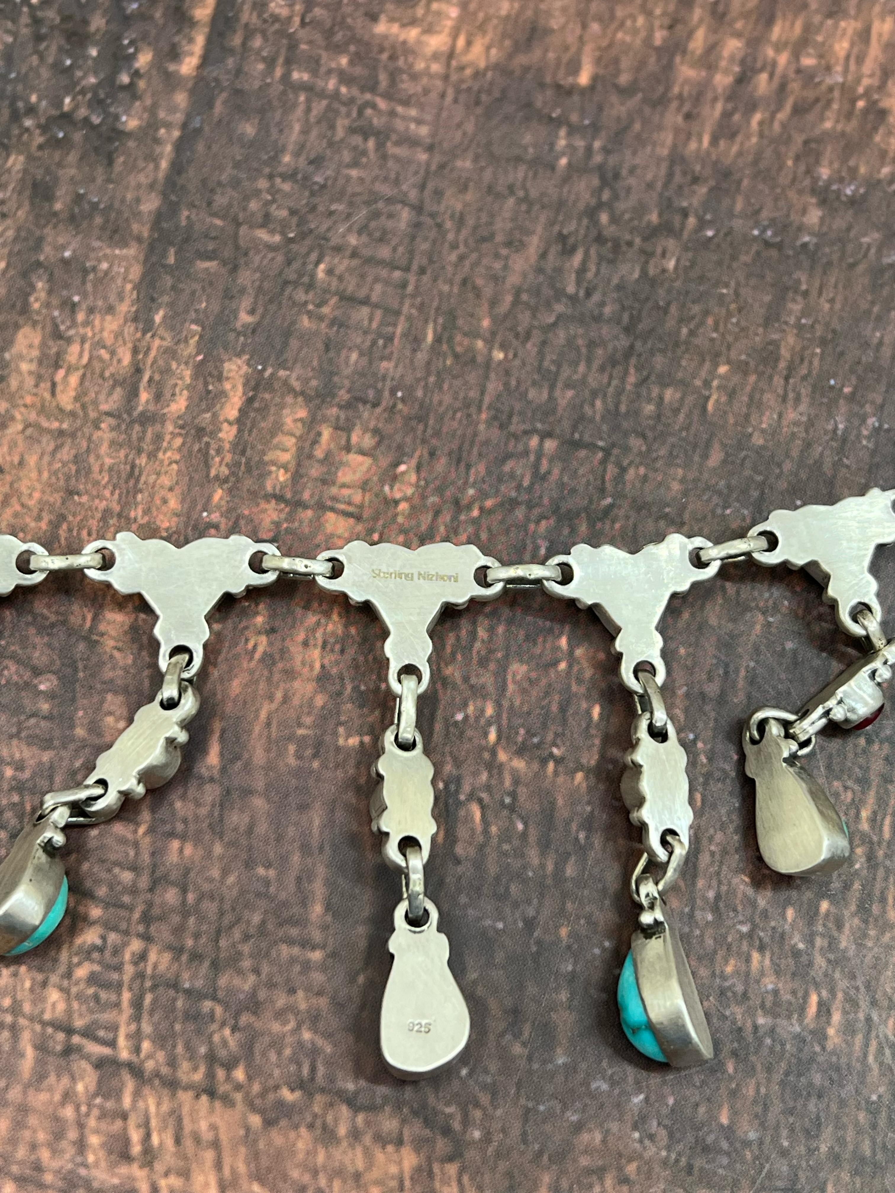 Handmade Sterling Silver Dahlia Rose with Emerald Valley Turquoise Necklace with Signed Nizhoni