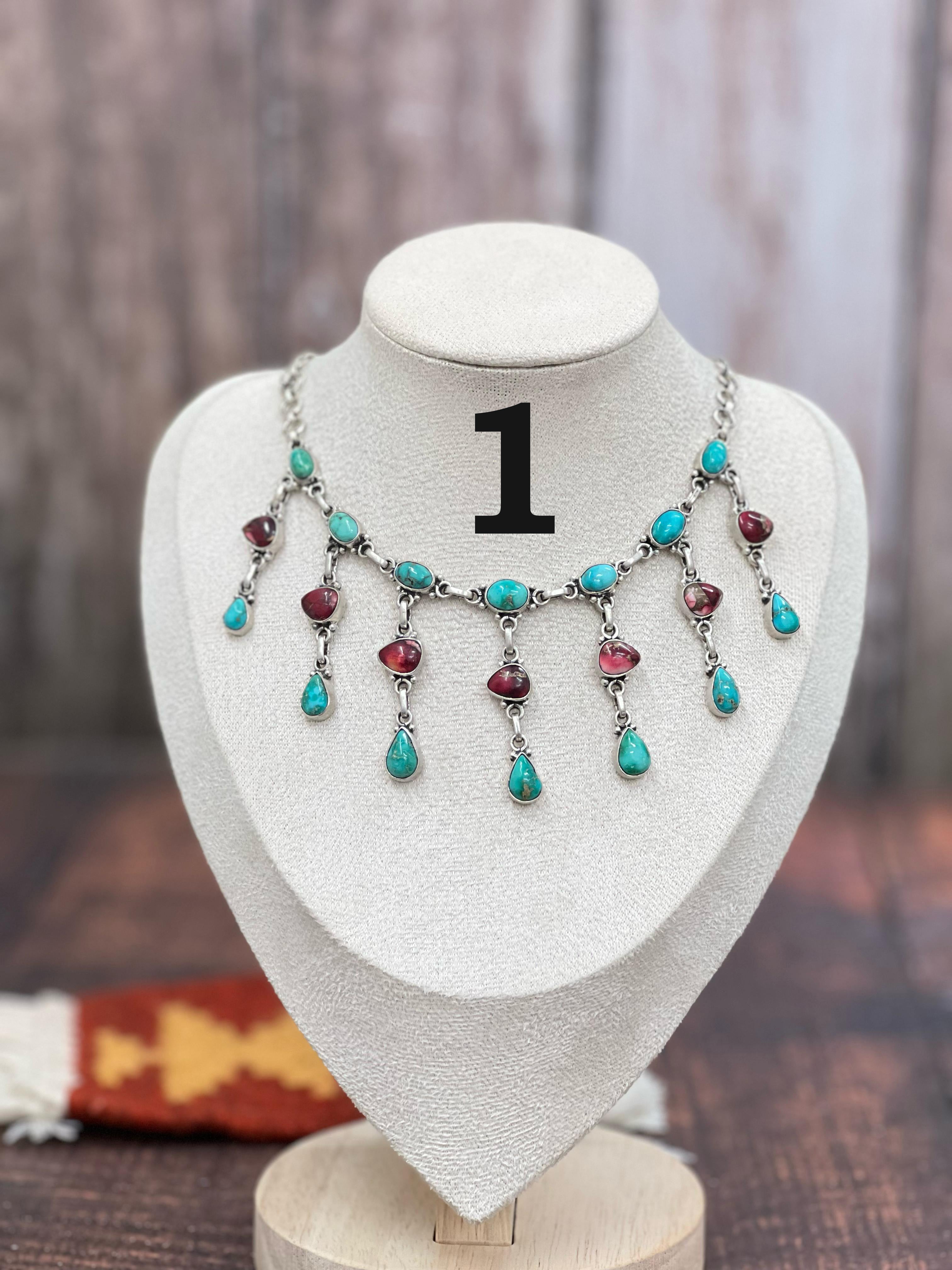 Handmade Sterling Silver Dahlia Rose with Emerald Valley Turquoise Necklace with Signed Nizhoni